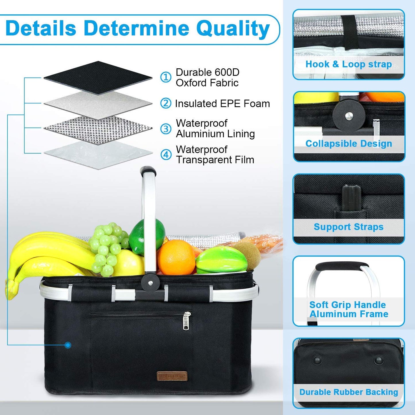 LIQING 35L Large Picnic Basket 2 Layers of Internal Pockets Leak-Proof and Insulated ，Folding with Internal Support for enhansed Stability, Wedding Gifts for Couple(Black)