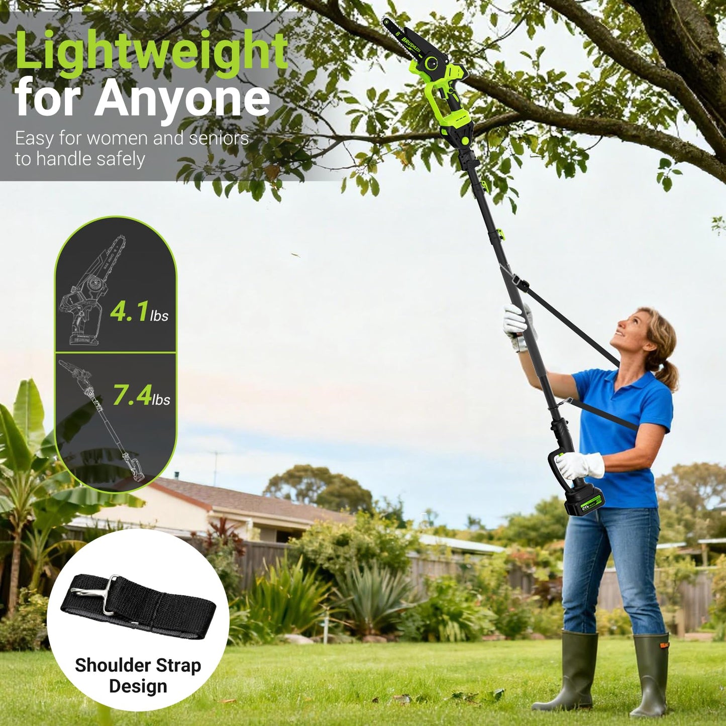 2-In-1 Cordless Electric Pole Saw for Tree Trimming, 8 Inch Chainsaw with 2 x 3000mAh Batteries, LCD Display, 15.6 FT Max Reach, 180° Adjustable Cutting Head for Tree Trimmer Limb Branch Cutter Pruner