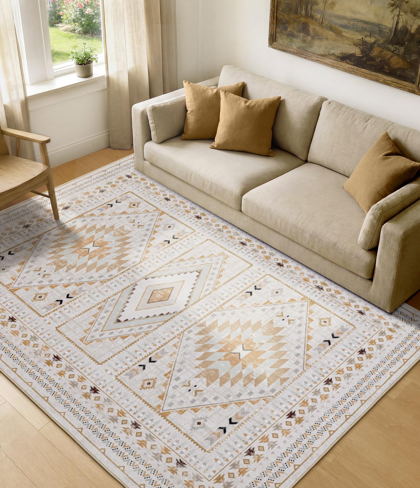 Boho Farmhouse Area Rug 5x7, Washable Tribal Rug for Bedroom, Non-Slip Medallion Rugs for Living Room Dining Room, Entryway (Beige/Yellow, 5'x7')