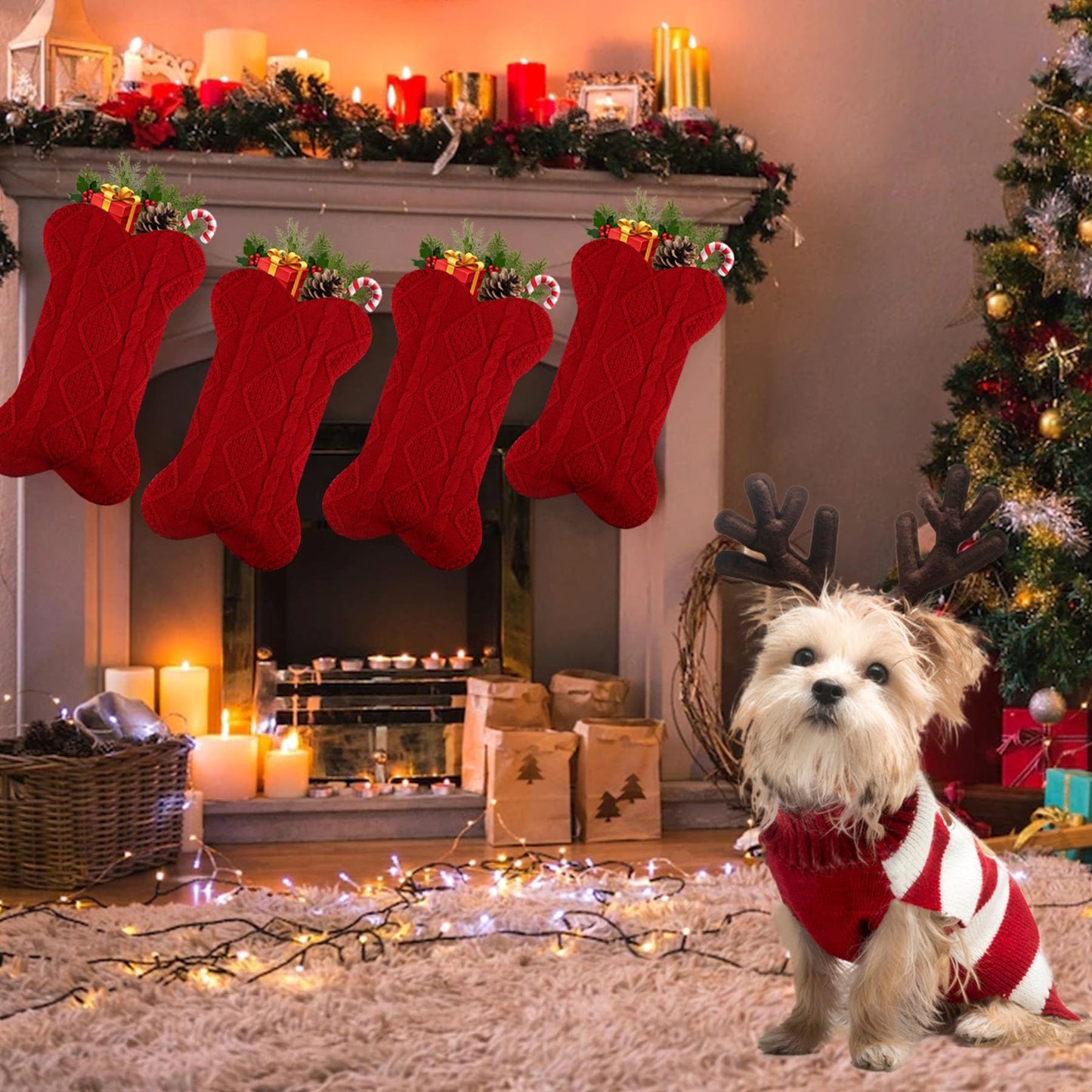 GOYOSWA Dog Christmas Stocking, 18 Inch Large Double Side Knitted Christmas Stocking for Dogs, Bone Shaped Hanging Dog Stocking for Dogs Pets (Red)