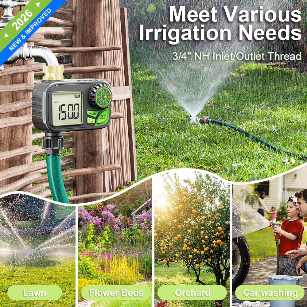 Sprinkler Timer Water Hose Timer - Programmable Digital Irrigation Outdoor Waterproof with Rain Delay, Manual & Automatic Watering System for Yard Lawn Garden Hose, Brass Inlet 1 Outlet
