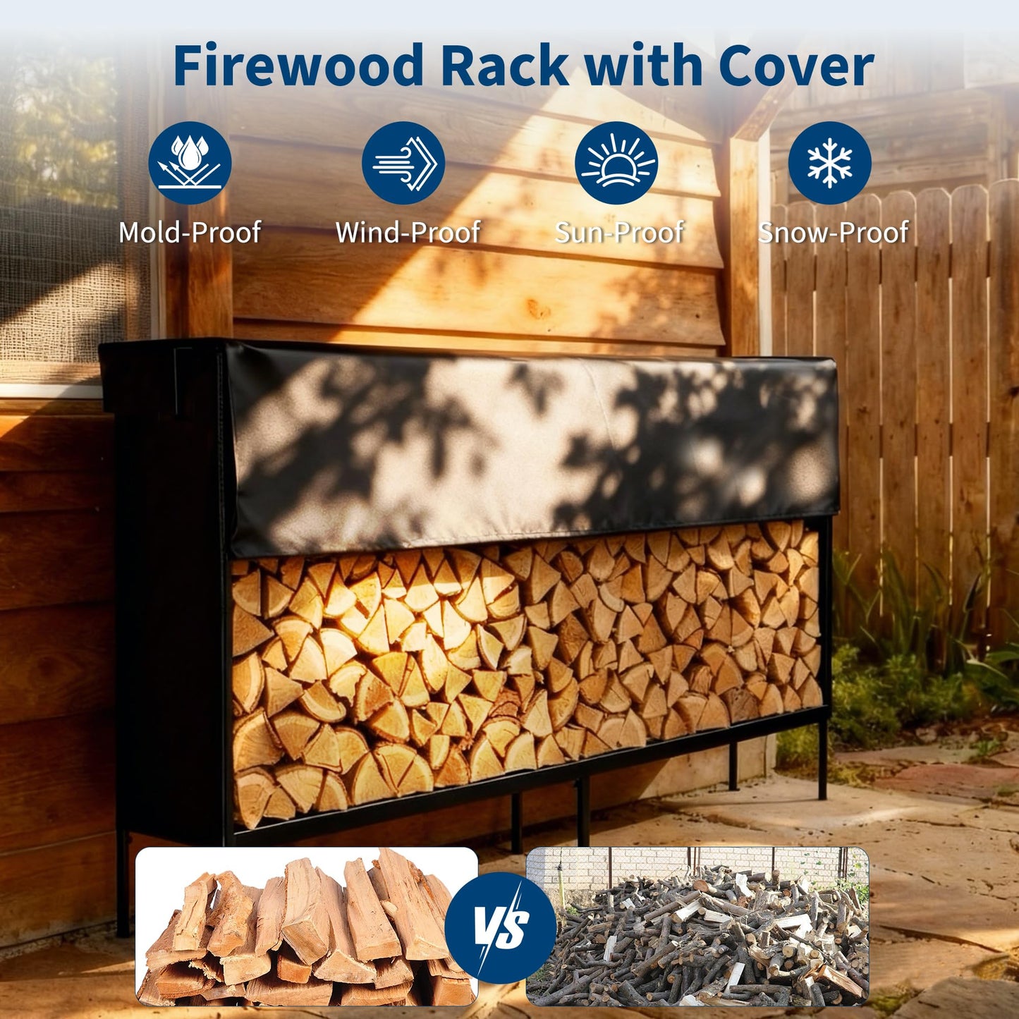 DUMOS 8FT Heavy Duty Firewood Storage Rack, Firewood Storage Log Rack with Cover and Zipper, Indoor Outdoor Wood Racks for Fire Wood Holder, Black