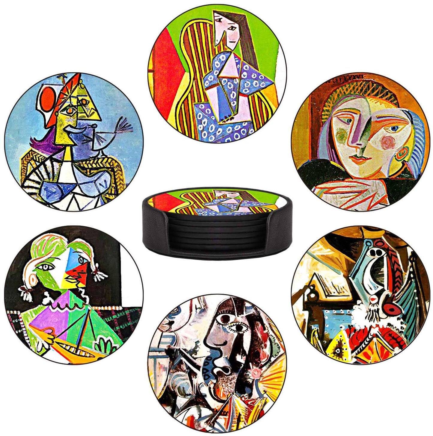 ABCHCHS Coasters Set of 6 - Pablo Picasso Style- PU Leather Coasters for Drinks with Holder - Handmade Round Drink Coasters Set for Home Decor and Housewarming Gift