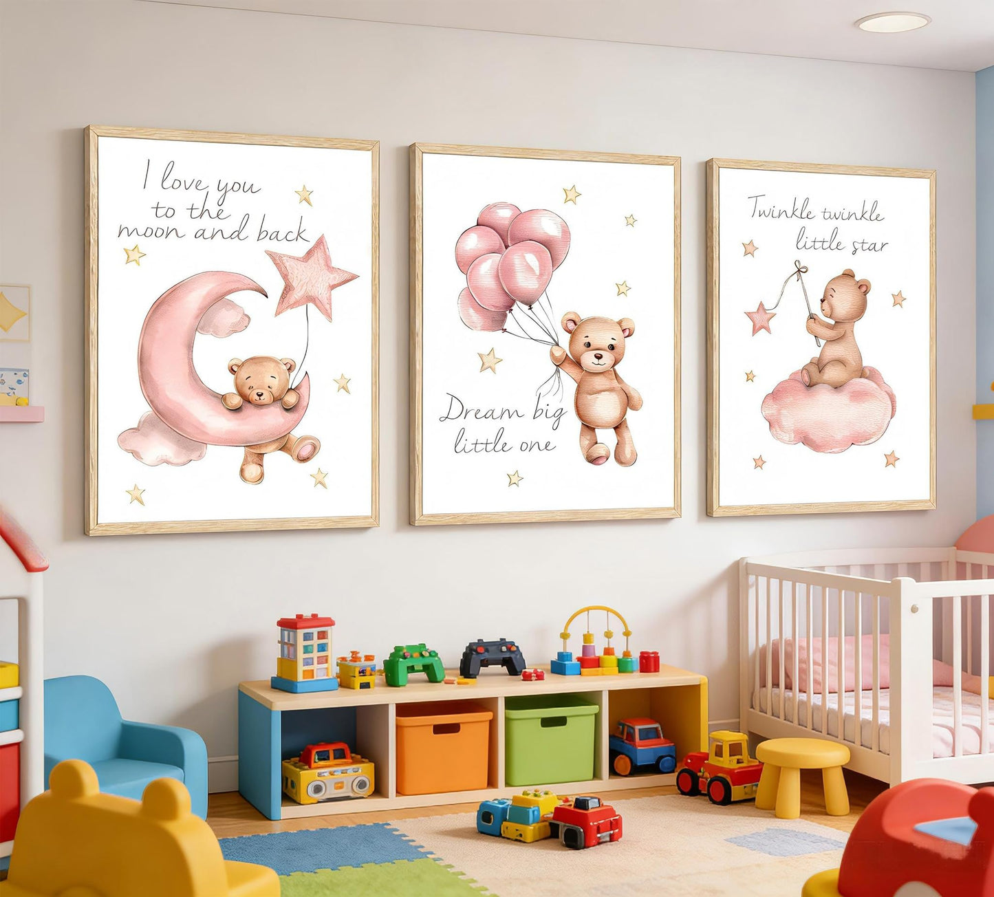 3Pcs Pink Teddy Bear Nursery Wall Art Prints, Dream Big Little One I Love You to the Moon and Back Twinkle Twinkle Little Star Posters, Baby Girl Room Decor for Nursery Playroom 12x16in Unframed