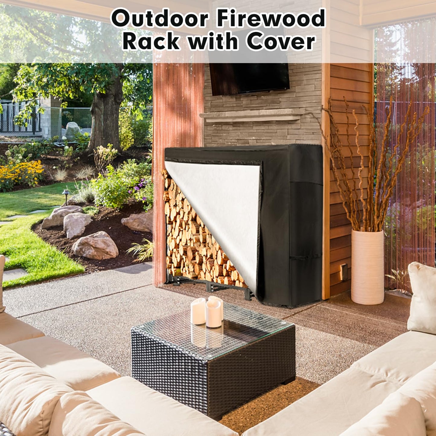 nalone 4FT Outdoor Firewood Rack with Cover, Heavy Duty Square Strong Stand Rack with Waterproof Cover for Fireplace Fire Pits Wood Pile Storage Holder Lumber Rack