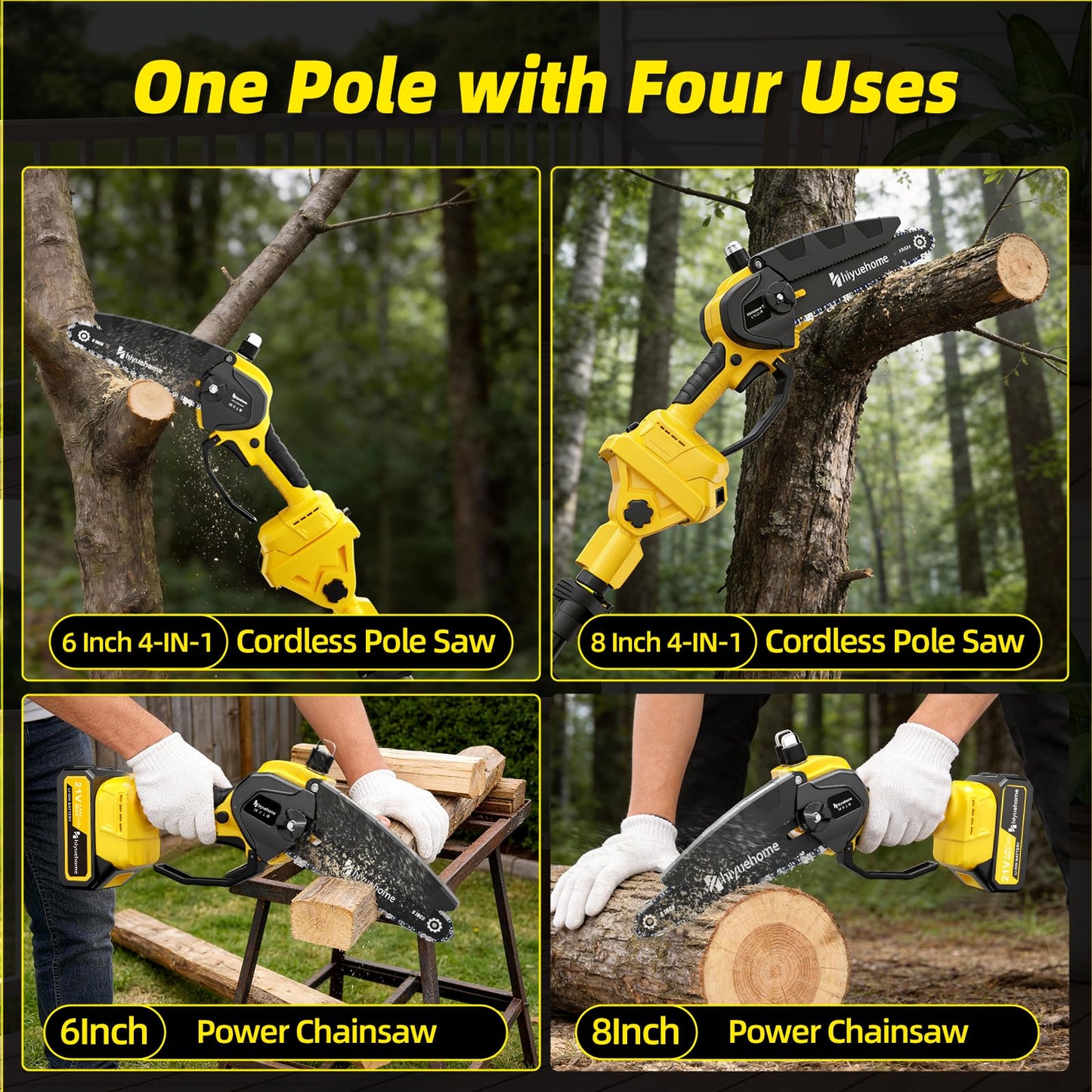 21V Cordless Pole Saw, 4-in-1 180° Rotatable Electric Tree Trimmer with 6/8 Inch Guide Bars,4000mAh Battery & Fast Charger, Telescopic Pole, Brushless Motor for Garden/Farm/Camping