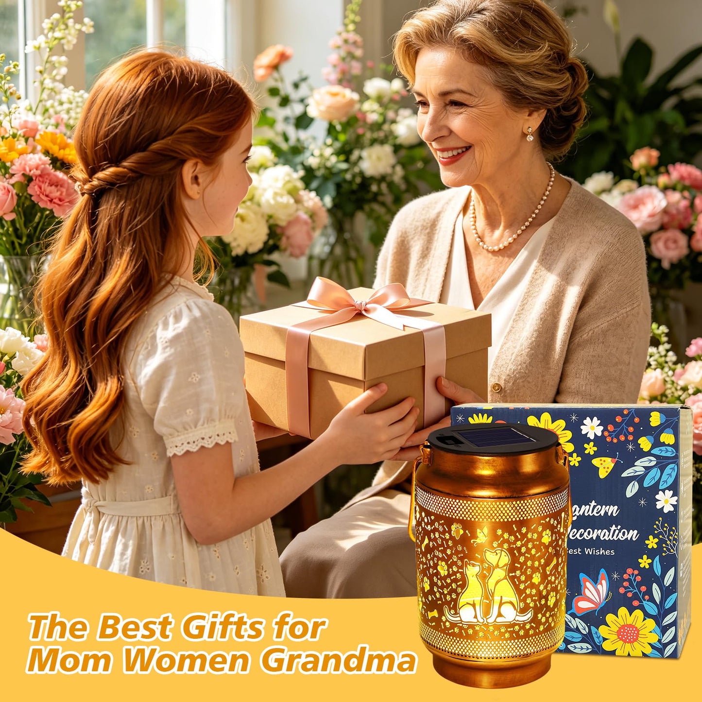 Dog Solar Lanterns Outdoor Waterproof Solar Garden Decor, Birthday Gifts for Mothers Day Women Mom Grandma, Metal Hanging Lights with Shepherd Hook for Outside Yard Patio Pathway Backyard Porch