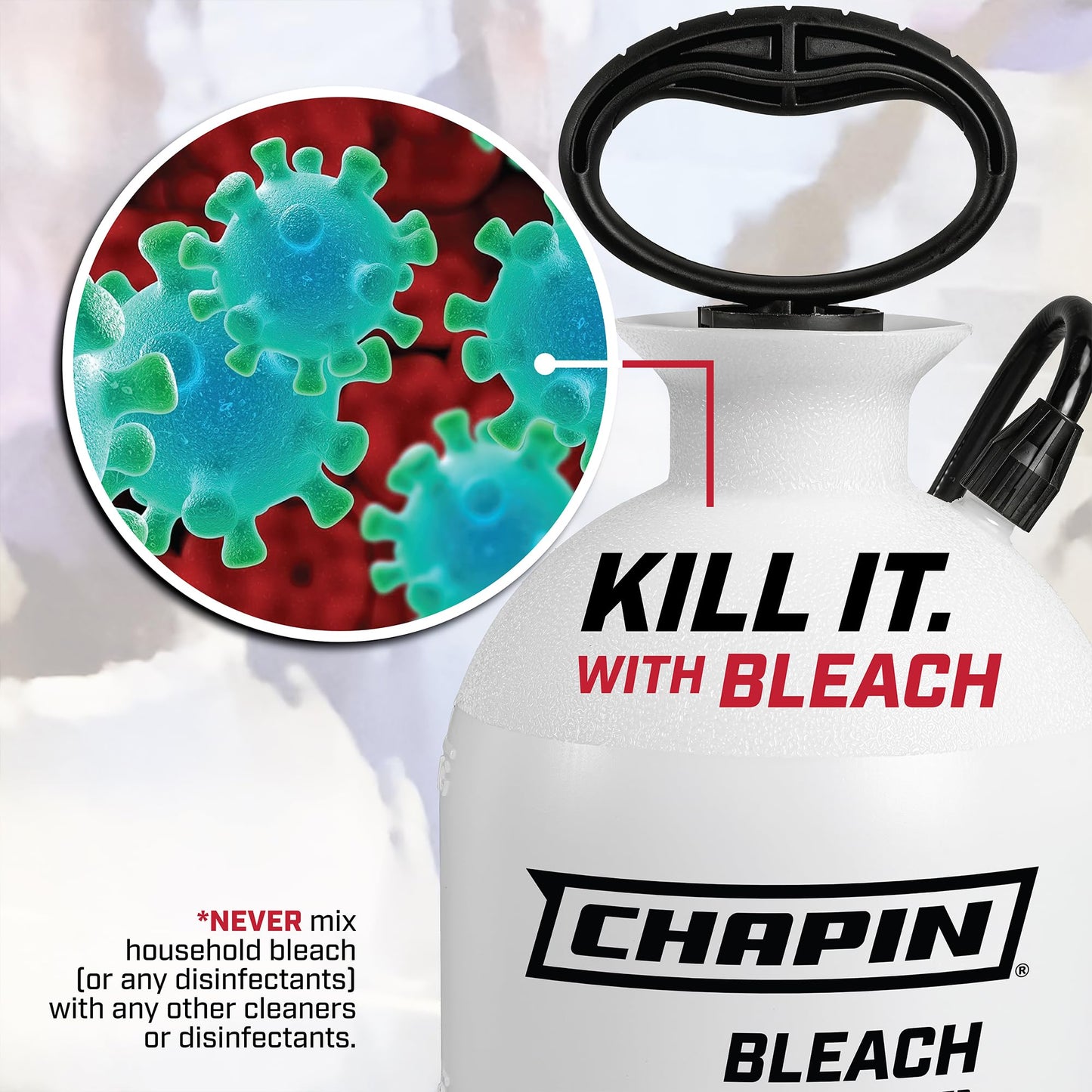 Chapin 22074 Bleach Pump Sprayer, 2‑Gallon, Lawn & Garden, Bleach‑Resistant Poly Tank, Funnel‑Top, Anti‑Clog Filter, Adjustable Cone Nozzle, 40" Hose for Cleaning, Mold & Disinfecting Applications