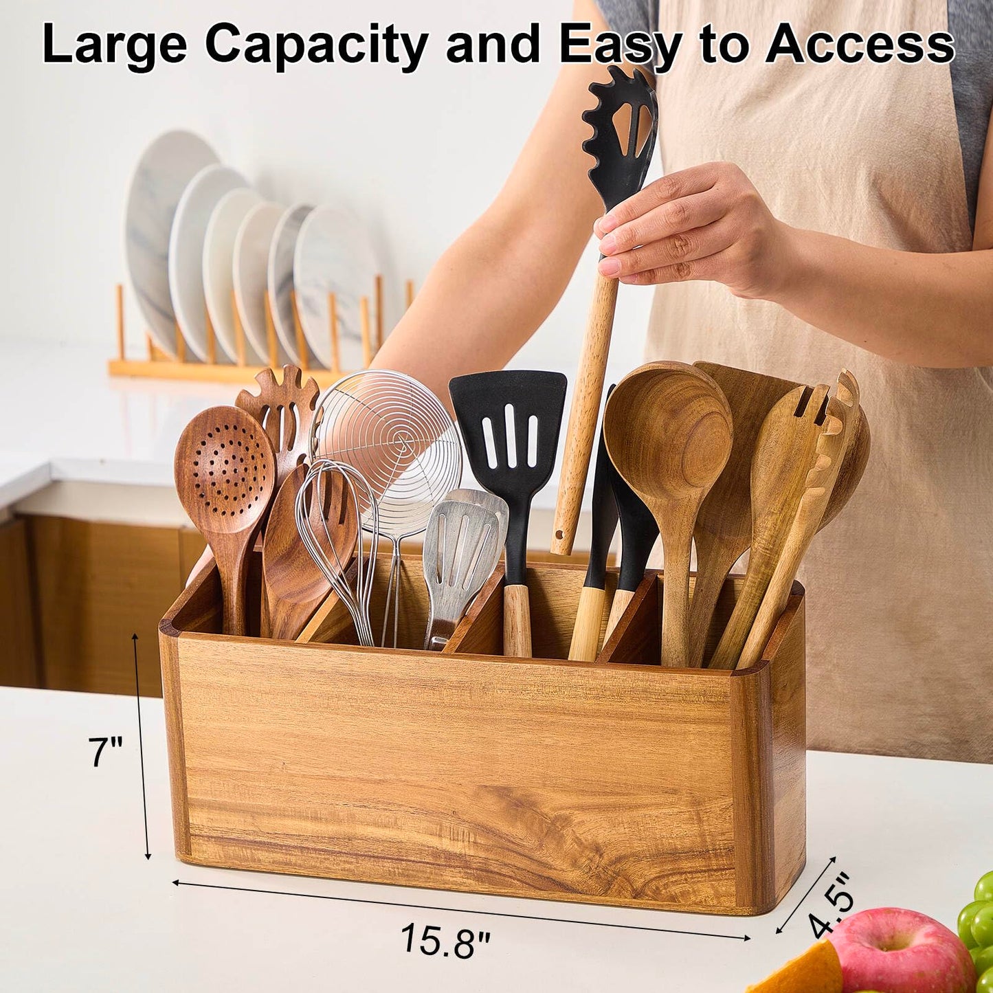 Wooden Utensil Holder for Kitchen Counter, Acacia Wood Kitchen Utensil Holder for Countertop with 4 Compartment, Cooking Utensil Organizer, Silverware Caddy (Acacia Wood, 4Compartment)