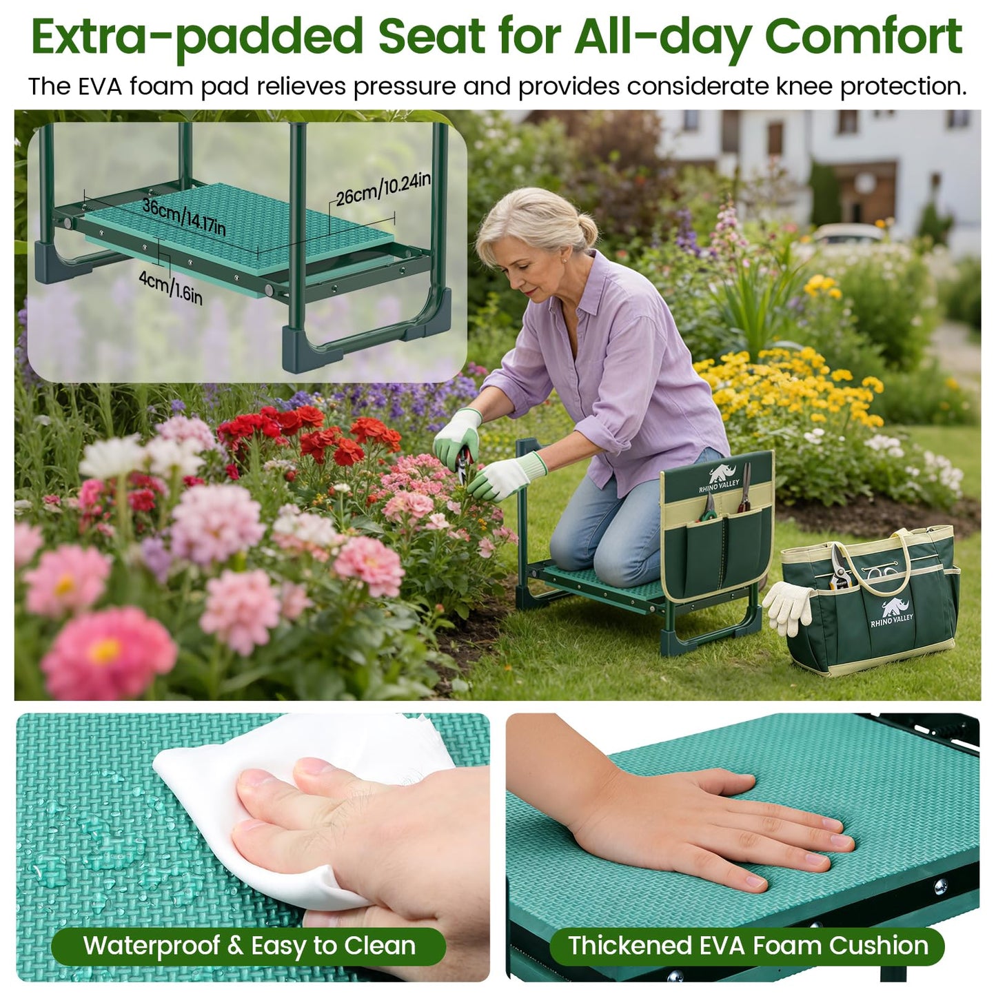 Garden Kneeler and Seat, Heavy Duty 2 in 1 Gardening Stool with Tool Side & Tote Bags, Foldable Gardening Bench to Relieve Knee & Back Pain, Garden Chair Gifts for Women, Seniors