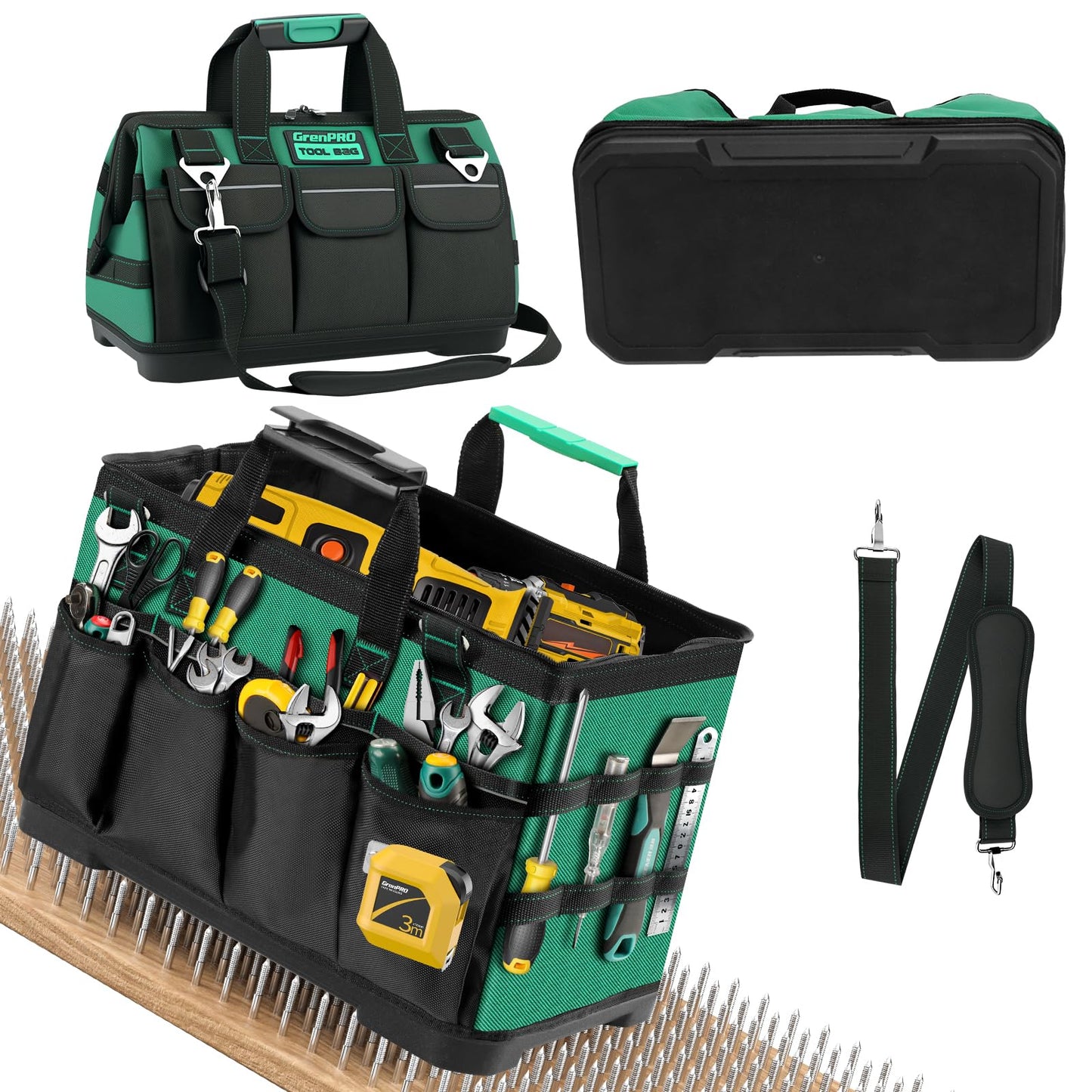 GRENPRO Tool Bag, 16 Inch Molded Bottom Toolbag, 18-Pocket Heavy Duty Portable Waterproof Toolbox, Soft Handle Tool Organizer for Mechanics, DIY, Valentines Day Gifts for Him Dad Men