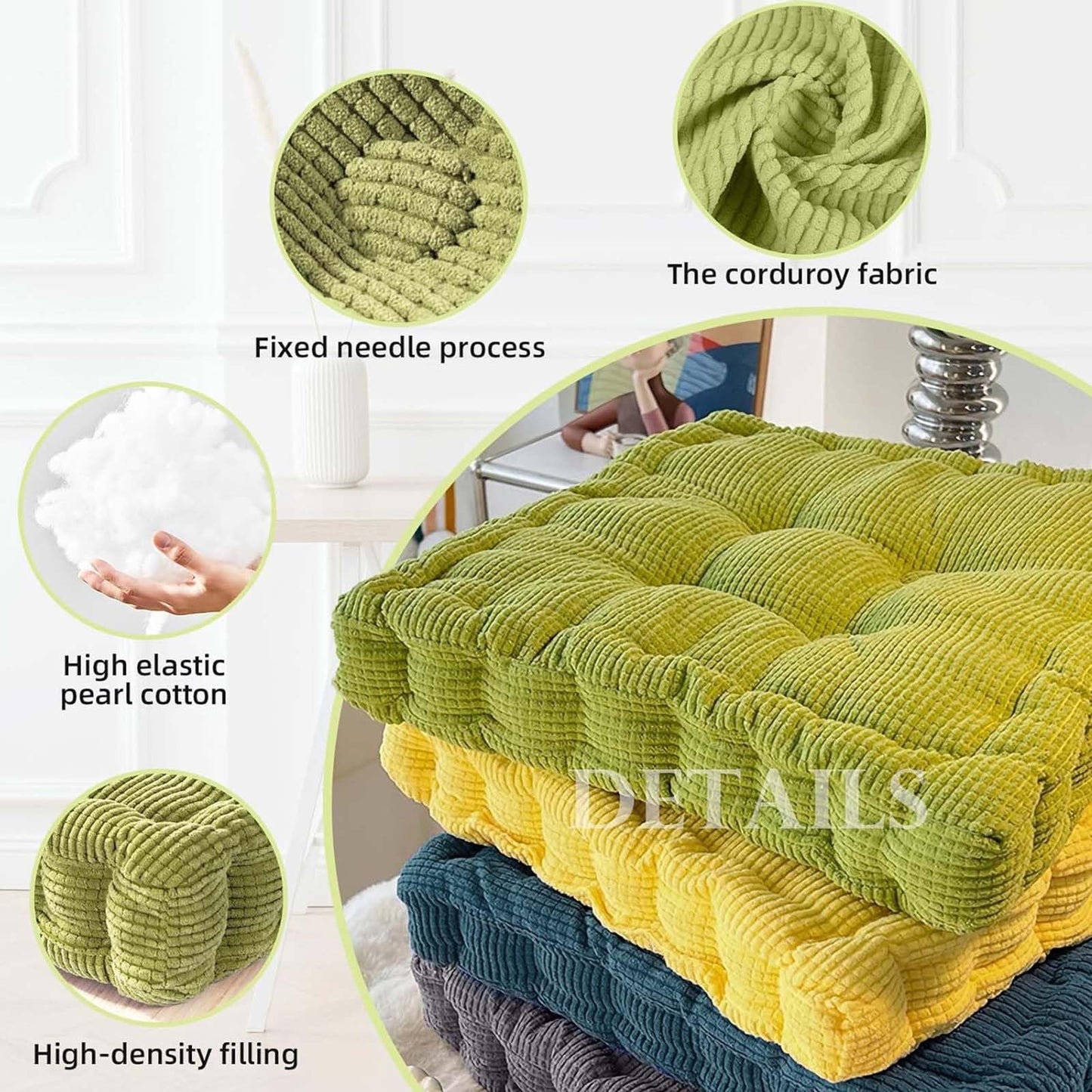 Gfobip 2 Pack Large Square and Round Floor Cushions for Adults Meditation Floor Pillow Green Corduroy Floor Seat Pillows Cushion for Living Room Balcony Tatami Yoga,18x18 Inch