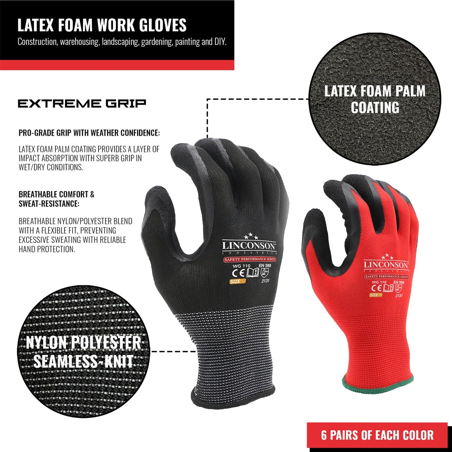 linconson 12 Pack Safety Performance Series Construction Mechanics Work Gloves (XL (Pack of 12), Black & Red)