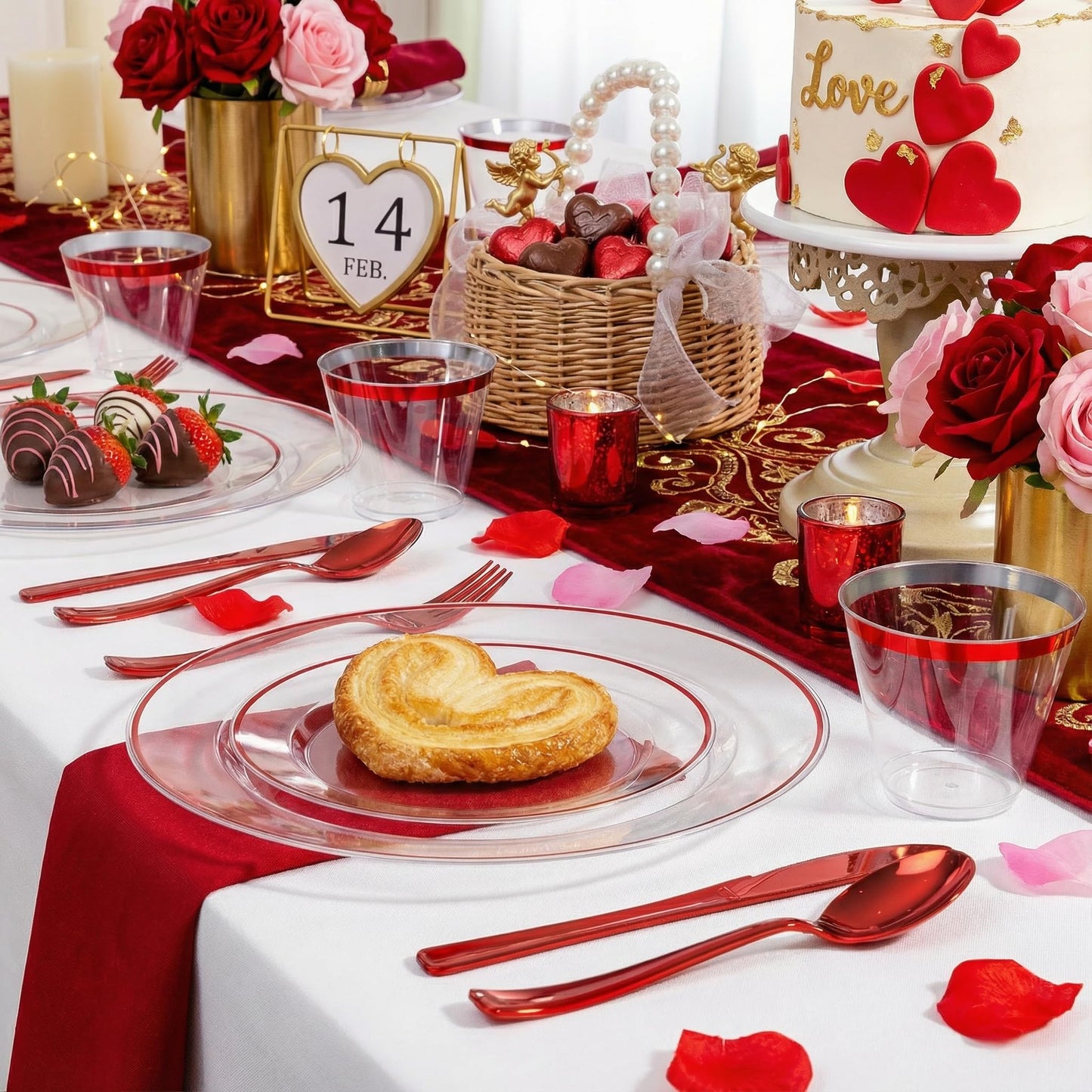 SUT 350 Pcs Red and Clear Plastic Dinnerware Set for 50 Guests, Include: 50 Dinner Plates, 50 Dessert Plates, 50 Pre Rolled Napkins With Silverware, 50 Cups, Disposable Plates for Party