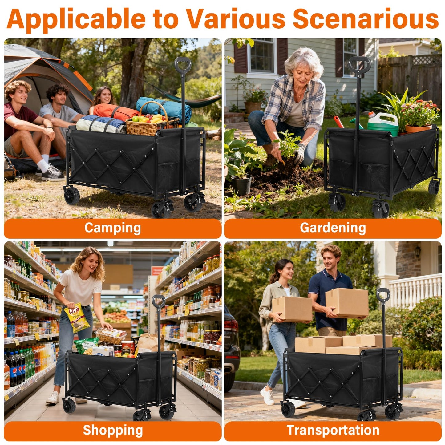 Wagons Carts Foldable — Heavy Duty Collapsible Wagon for Groceries, Apartment Moving & Storage Wagon cart with Wheels Foldable,Portable Folding Wagon for Yard Work, Travel, Shopping,Picnic & Beach