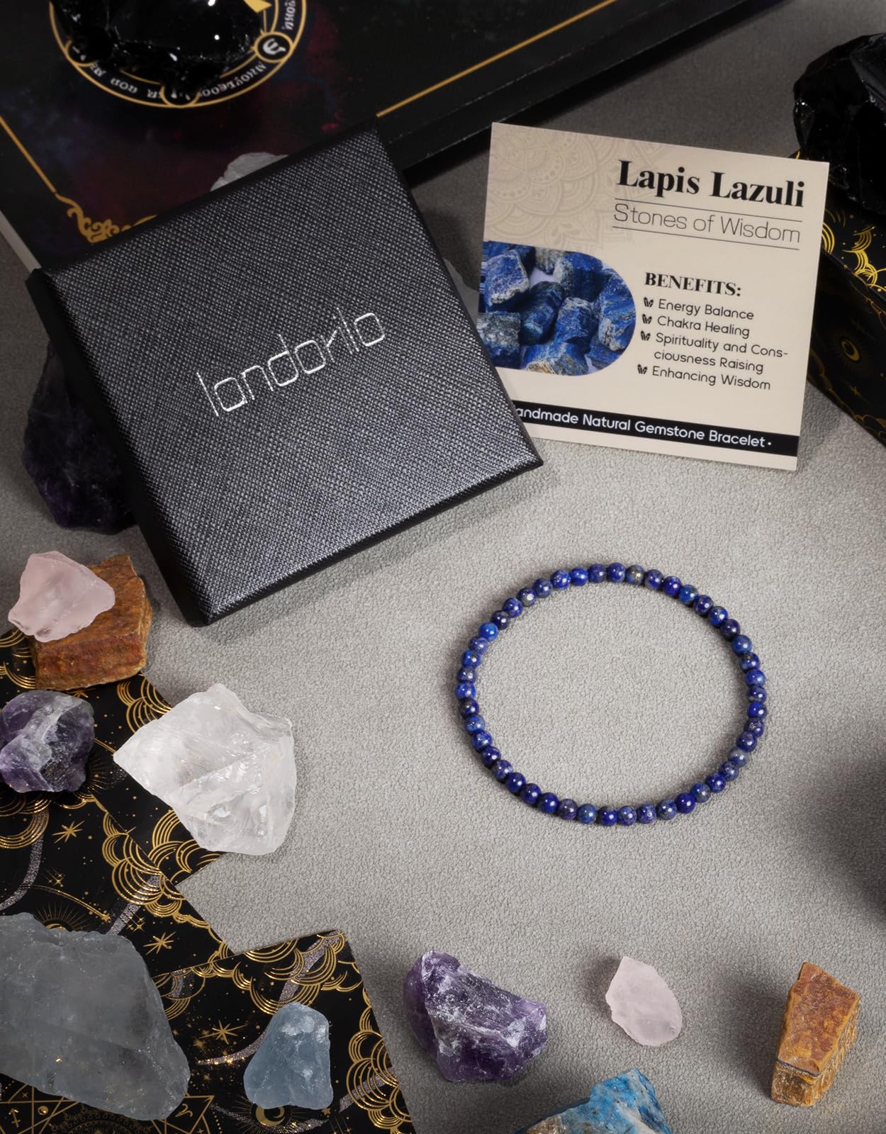 Landorilo Beaded Bracelet for Men Women, 4mm Natural Stone Lapis Lazuli Healing Crystal Stretch Bracelets, Ideal Christmas Birthday Jewelry Gifts with Energy Card，Replacement Beads Included