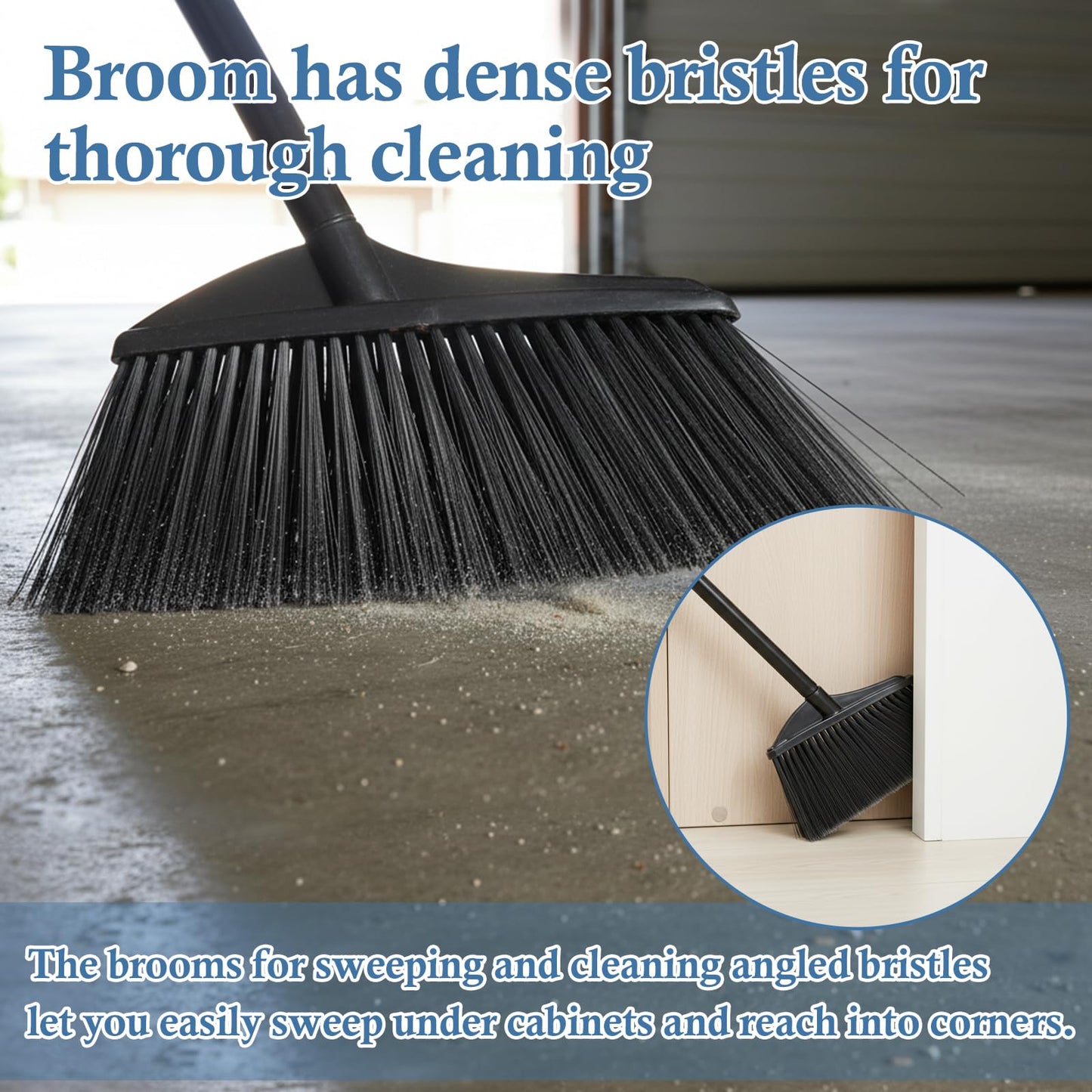 Primero Basics Black Broom for Floor Cleaning, 35" Heavy Duty Iron Handle Angled Broom with Stiff Bristles, Manual Sweeper for Kitchen, Apartment, RV, Small Spaces, Indoor Outdoor Use, 2 Pack