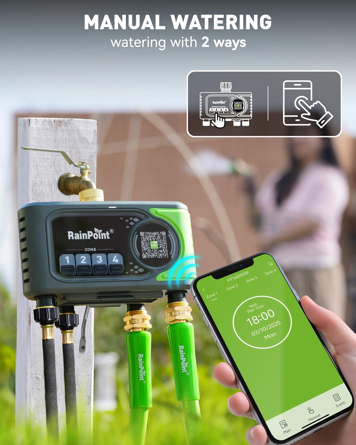 RAINPOINT WiFi Sprinkler Timer 4 Zone, Outdoor Smart Water Timer for Garden Hose with Brass Inlet&Outlet, Custom Programs via APP/Voice Control for Automatic Watering System