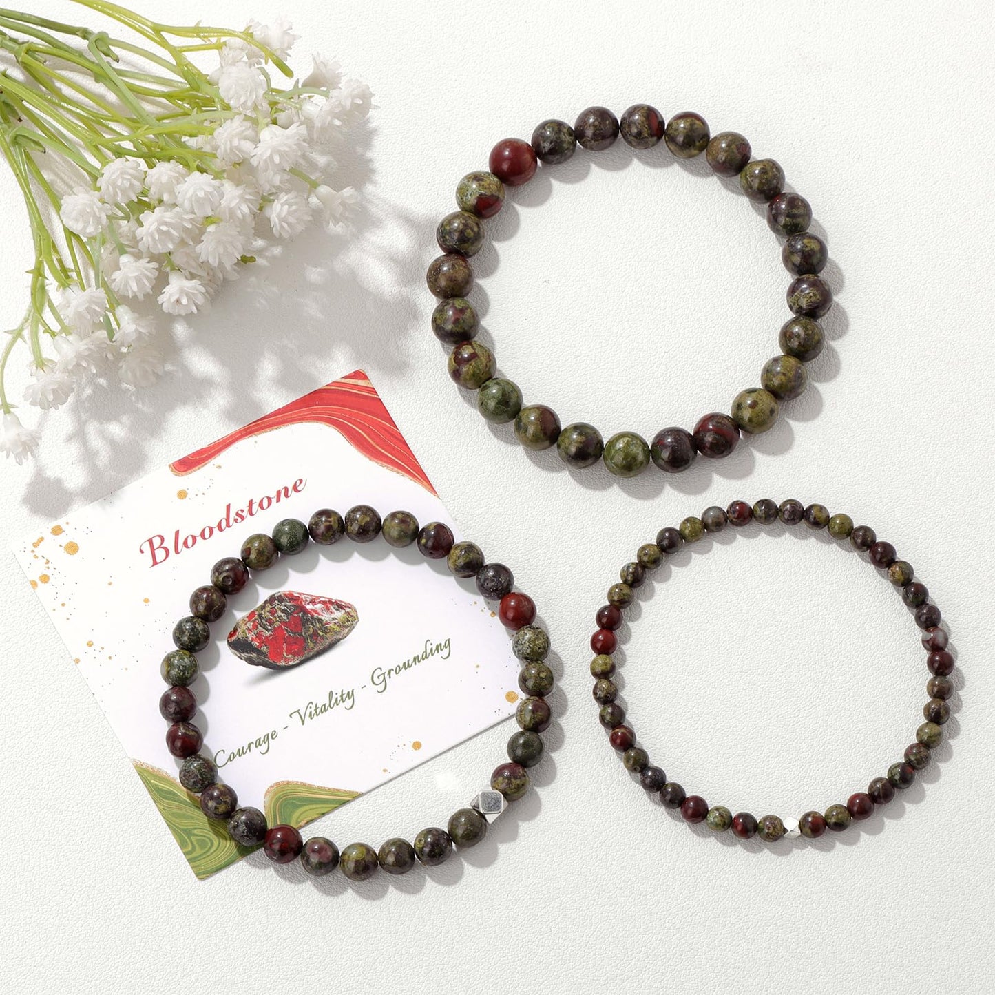 Raicegs 4MM Bloodstone Beaded Bracelets Healing Crystal Bracelet for Women Men Natural Stone Handmade Stretch Bracelet Reiki Spiritual Jewelry