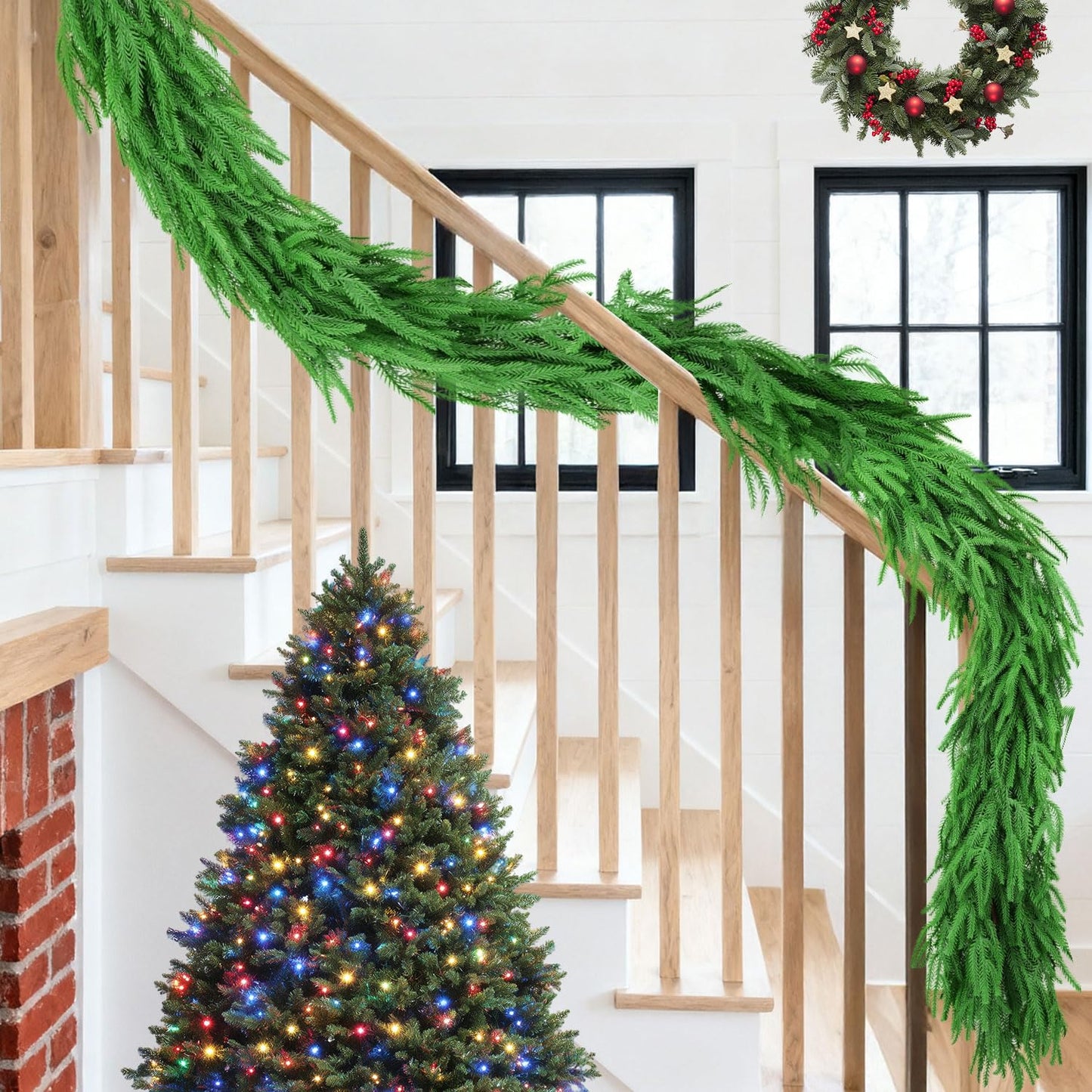 6 Ft 2 Pcs Artificial Norfolk Pine Garland, Real Touch Green Faux Greenery Garland for Christmas Table, Mantle, Wall, Fireplace, Indoor Outdoor Decor