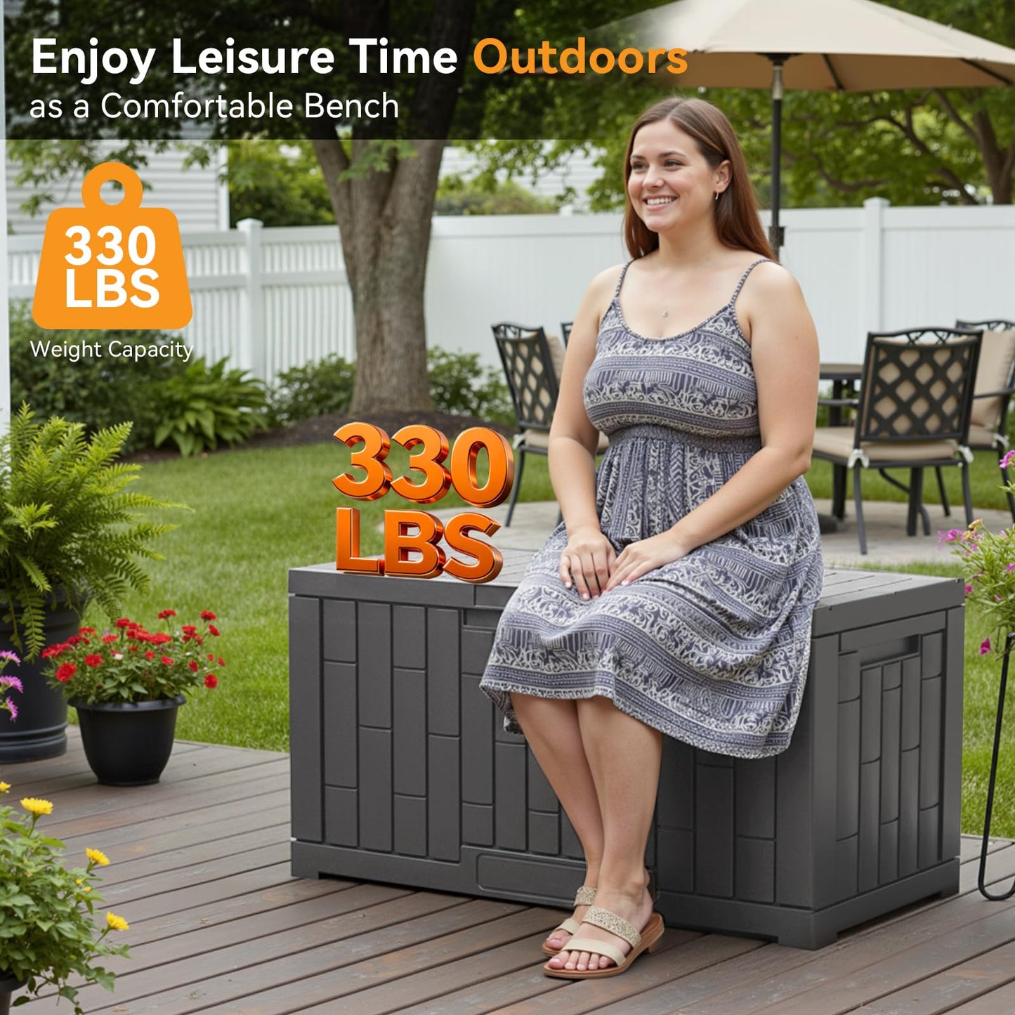 DUMOS 60 Gallon Deck Box, UV Resistant Waterproof Storage Bin for Patio Cushions Gardening Tools, Lockable Resin Outdoor Storage Box with Hundles, Grey