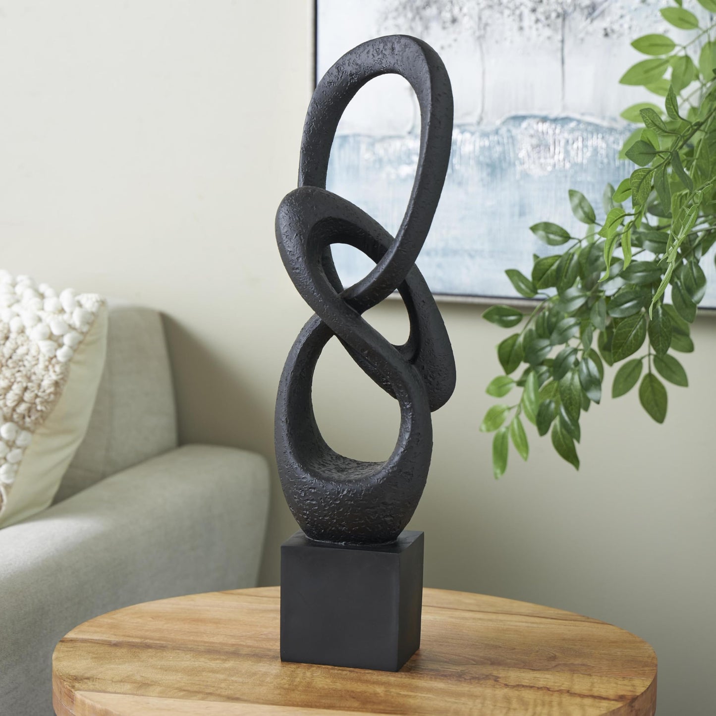 Deco 79 Polystone Abstract Decorative Sculpture Intertwined Loop Home Decor Statue with Block Base, Accent Figurine 6" x 4" x 20", Black