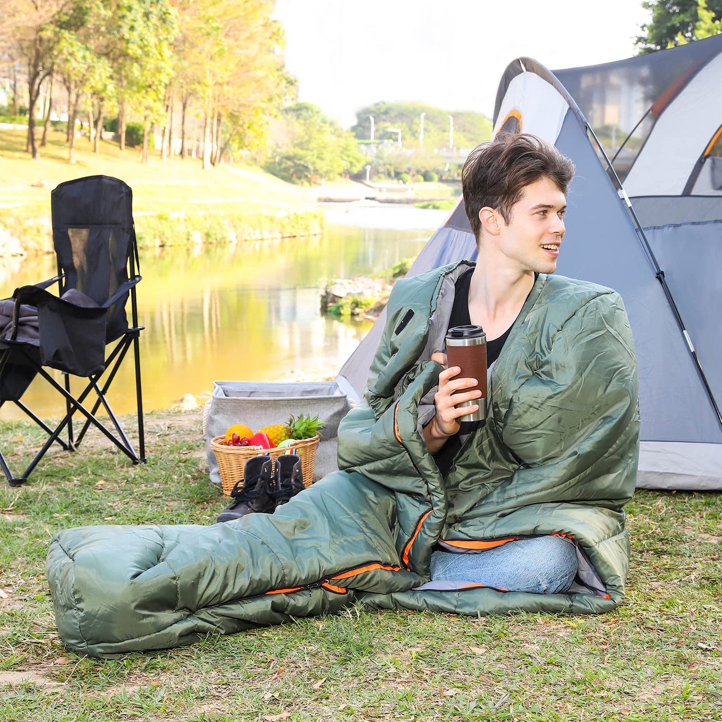 Amazon Basics 20°F Cold Weather Mummy Sleeping Bag for Hiking, Outdoor Camping with No-Snag Zipper, Portable, 82" x 33", Olive Green