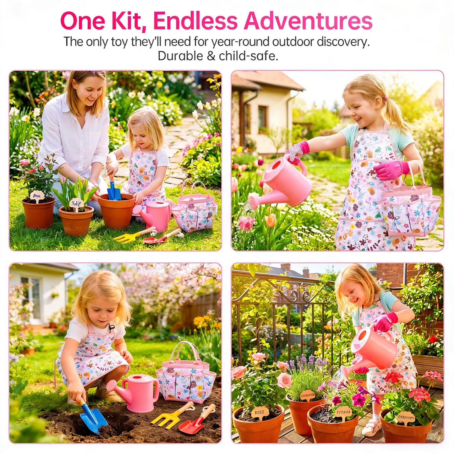 Kids Gardening Set - Gardening Tools for Kids includes Watering Can, Shovel, Rake, Gloves, Waterproof Apron and Garden Tote Bag, Children Garden Tool Outdoor Toys Gifts for Boys Girls Age 3 4 5 6 7 8
