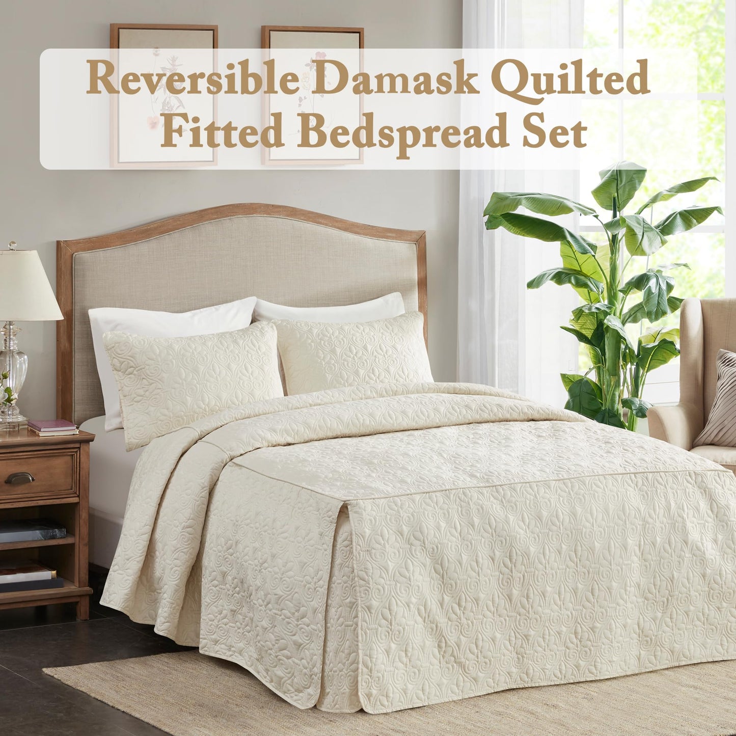 Madison Park Quebec Split Corner Quilted Bedspread Classic Traditional Design All Season, Lightweight, Bedding Set, Matching Shams, Queen, Damask Quilted Cream 3 Piece