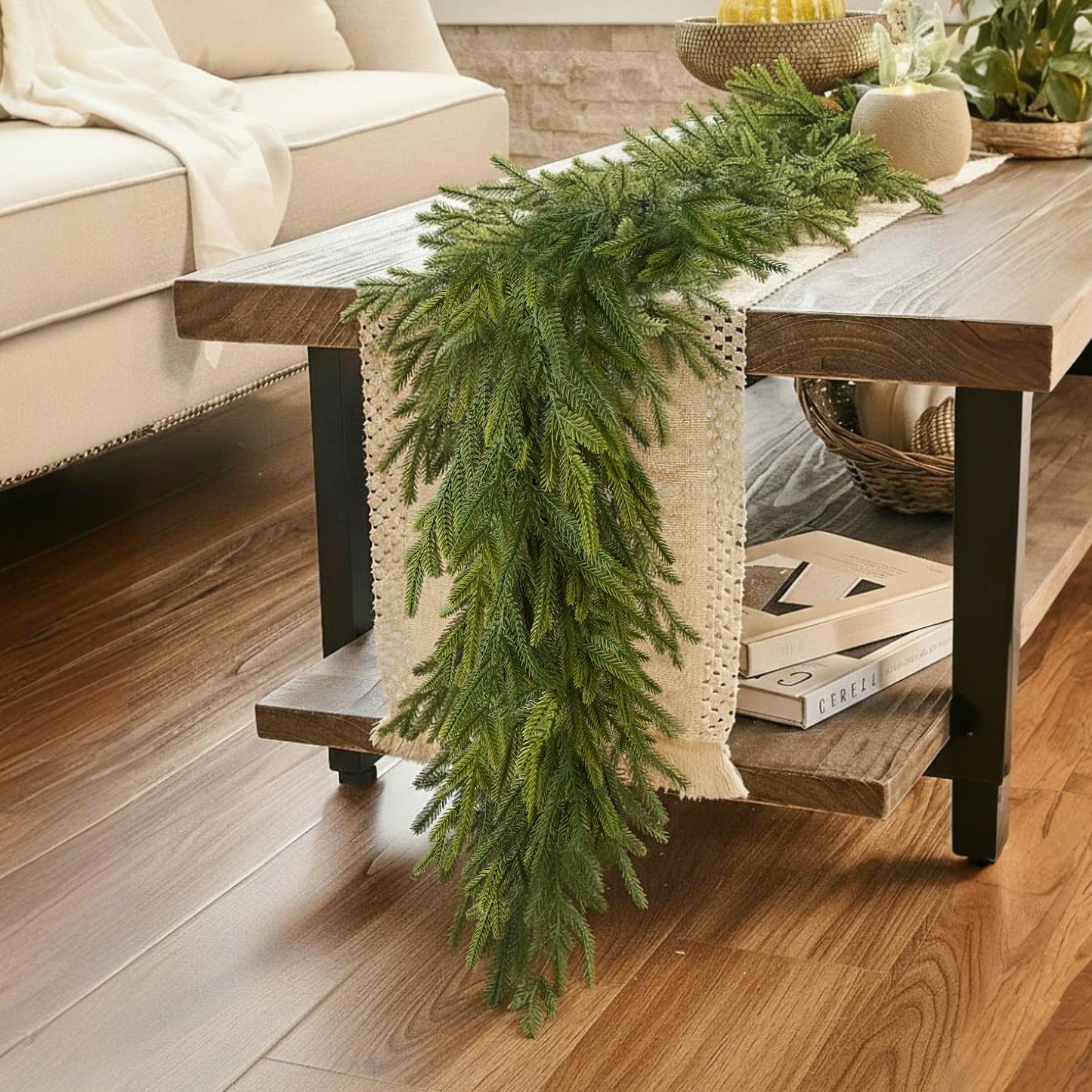 6FT Christmas Garland Norfolk Pine Garland Real Touch Faux Greenery Cedar Garlands for Mantle,Table,Wall,Christmas Decorations Indoor Outdoor