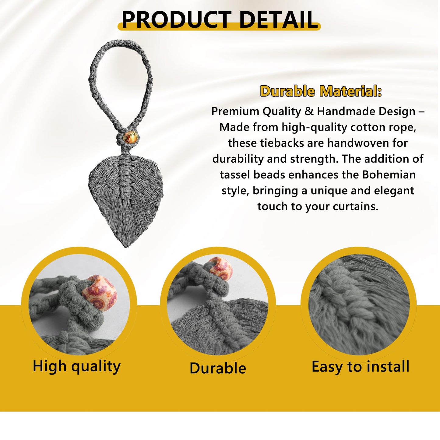 2 Pack Boho Curtain Tiebacks, Handmade Cotton Rope Curtain Holdbacks with Natural Wooden Beads, Adjustable No Drill Drapery Ties for Farmhouse Living Room Bedroom Decor (Grey)