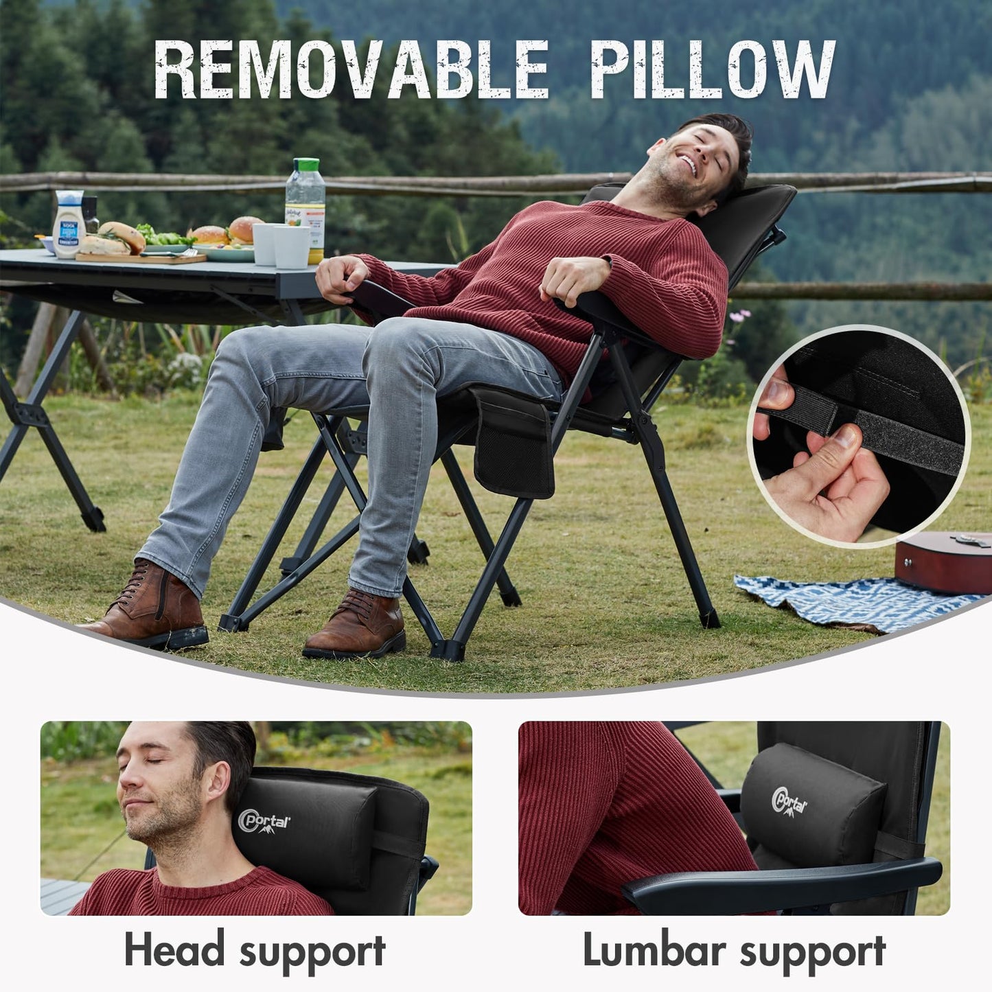 Portal Reclining Camping Chair with Adjustable Back Folding Camp Recliner for Adults Portable High Back Oversized, 350LBS (Black)