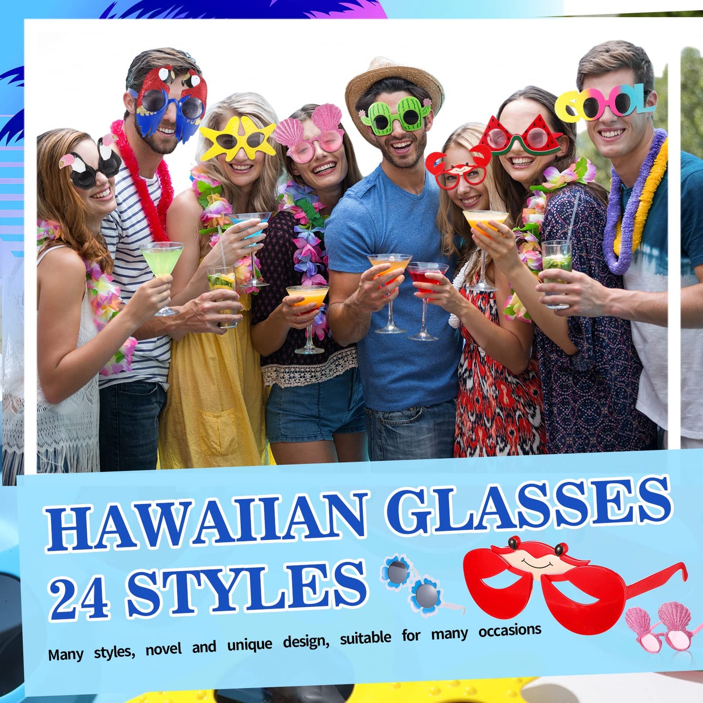 Junkin 24 Pairs Luau Party Sunglasses Funny Hawaiian Tropical Glasses Favors Novelty Fancy Eyeglasses Photo Booth Props for Adults Teens Birthday Summer Beach Themed Party Supplies Decoration
