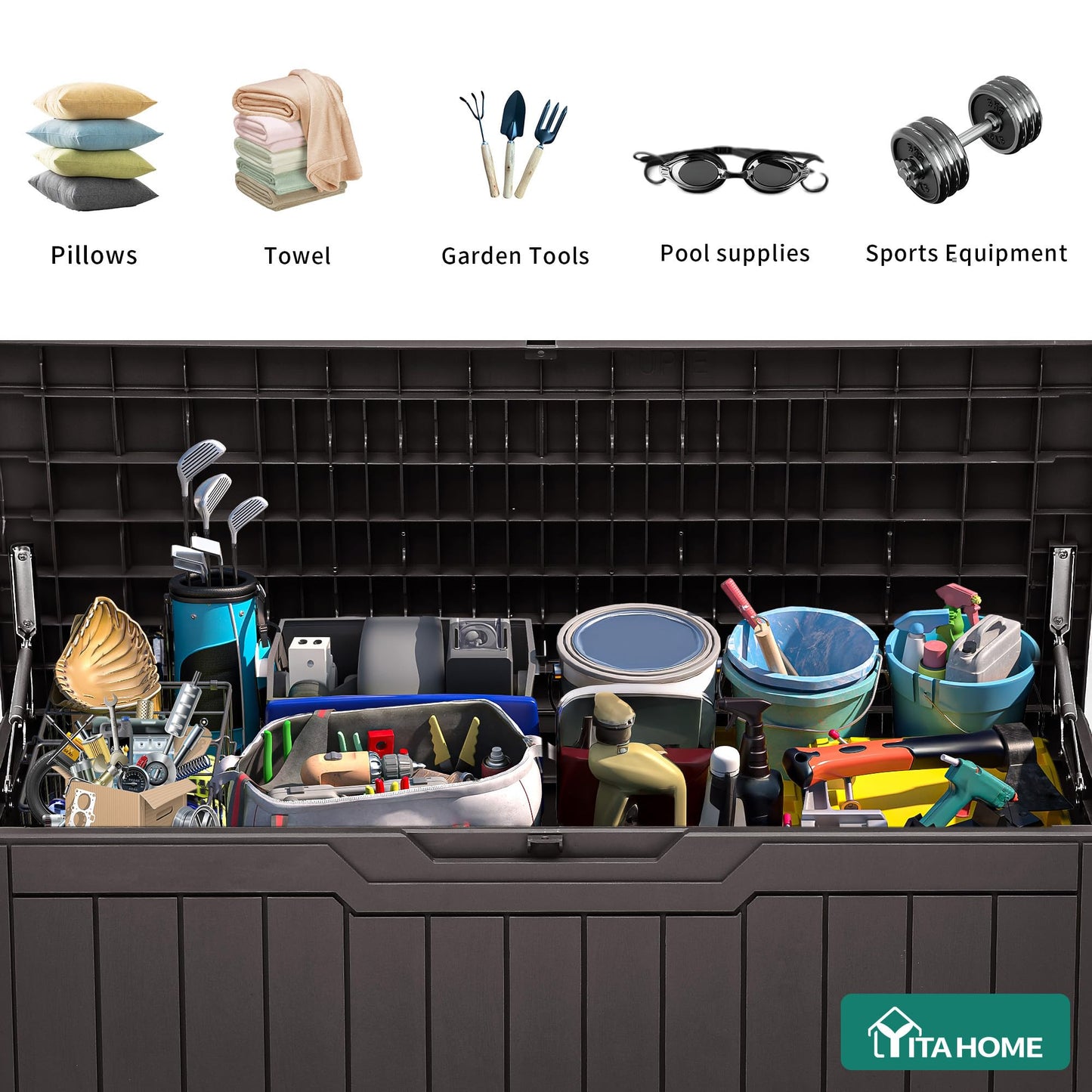YITAHOME 80 Gallon Outdoor Storage Box, Large Water Resistant Resin Deck Box, Indoor Outdoor Lockable Storage Container for Patio, Garden, Cushions, Tools, Equipment (Dark Brown)