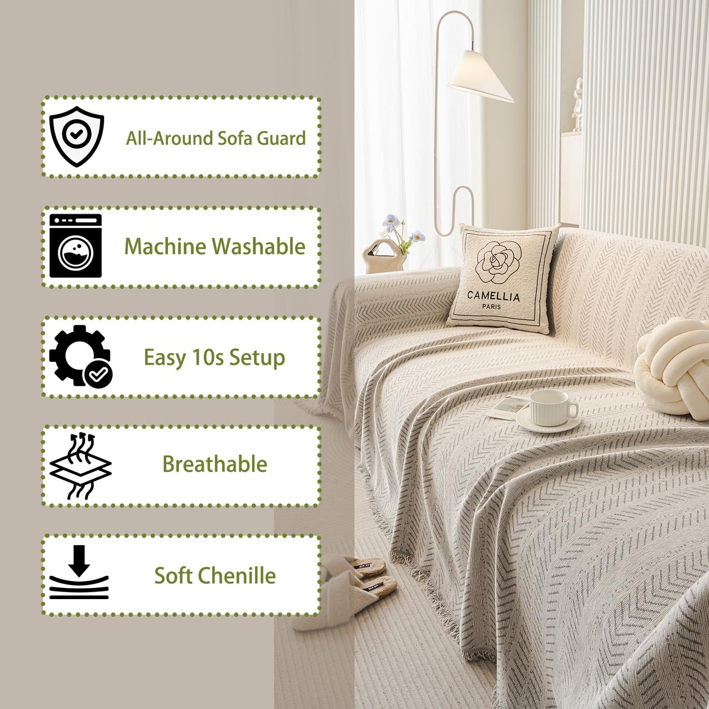 EvaLoome Chenille Sofa Throw Blanket with Herringbone Pattern and Tassel Edges, Thick & Soft Couch Cover, Machine Washable, Anti-Slip, Pet-Friendly, Fits 2/3-Seater (Beige, 71″x134″)
