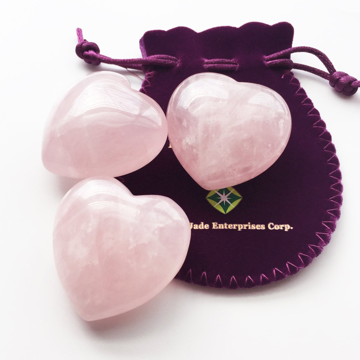 Polar Jade Set of 3 Hand-Carved Natural Rose Quartz Puffy Hearts – Healing Stones for Chakra Energy, Meditation, Massage, and Elegant Decoration