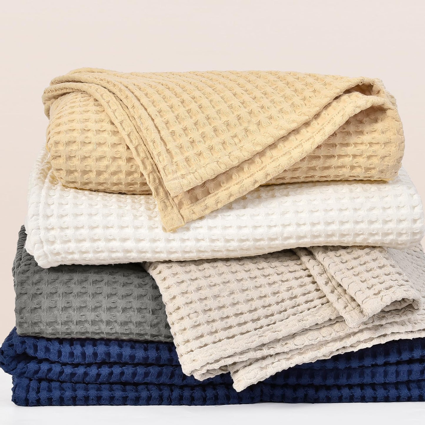 PHF 400GSM 100% Washed Cotton Waffle Weave Blanket, Cozy Breathable Skin-Friendly Throw King Size for All Season, Luxury Fall Layer Bedspread for Couch Bed Sofa, Elegant Home Decor,Beige,104"x90"