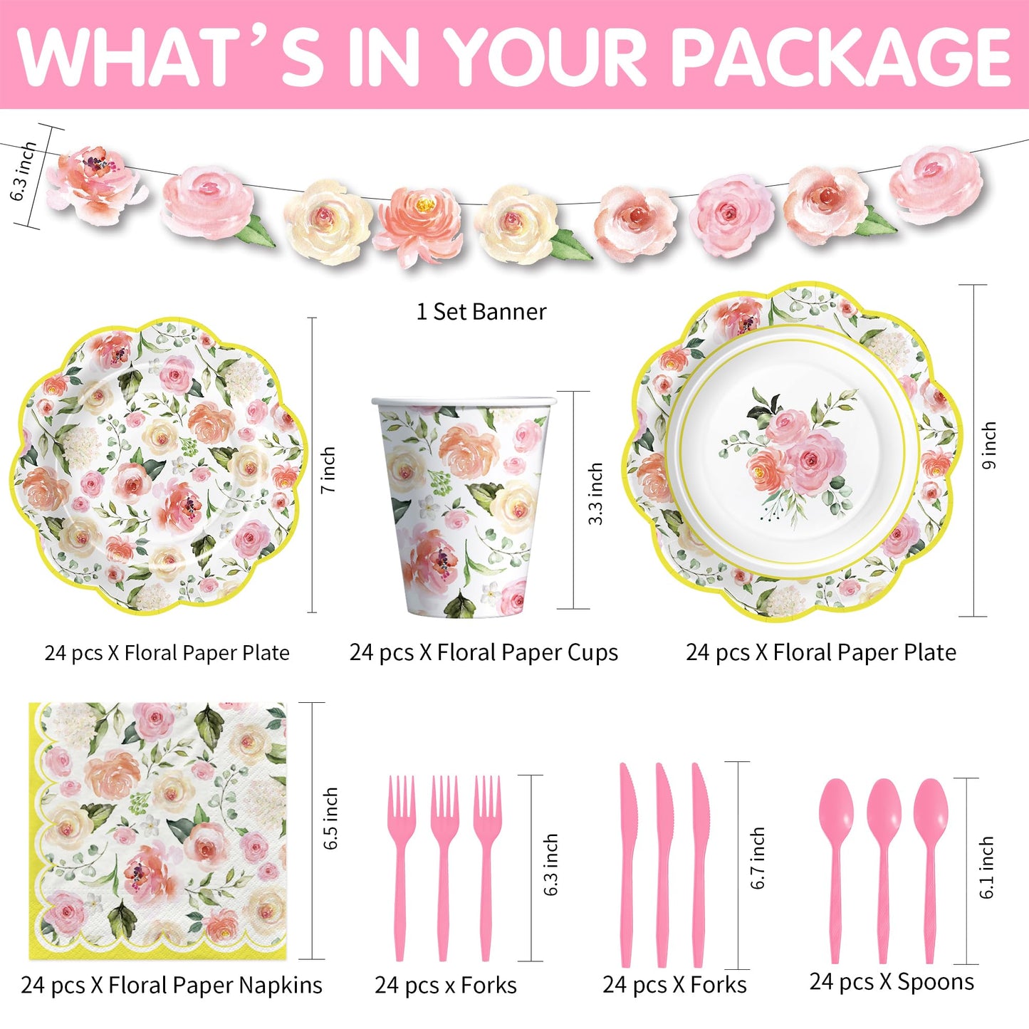 Owelleny Flower Floral Party Decorations, Spring Summer Elegant Garden Floral Party Supplies for Birthday Bridal Wedding Baby Shower, Disposable Paper Plate, Cup, Napkin, Banner, Cutlery, Serves 24