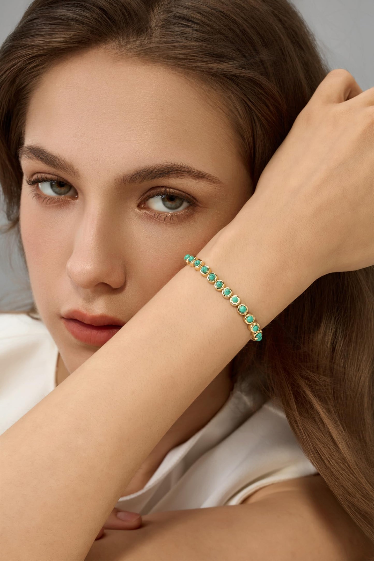 Pearich 14K Gold Filled Turquoise Tennis Bracelets For Women, Turquoise Gemstone Tennis Bracelet, 3mm Classic Bezel Bracelets for Women,Jewelry for Women Christmas Valentines,Mothers Day 6 Inch