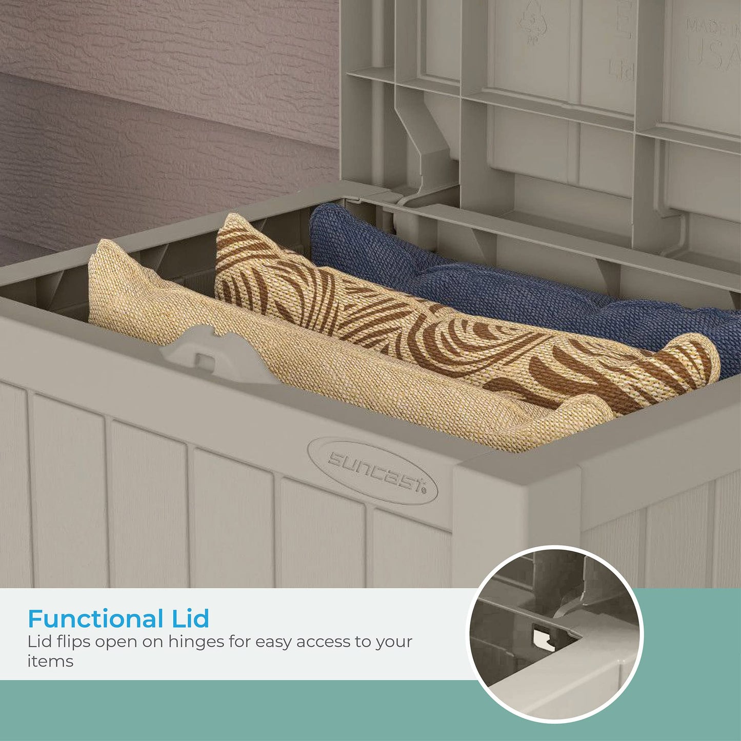 Suncast Outdoor Storage Box - 22 Gallon Light Taupe Resin Outdoor Deck Box with Seat, Weatherproof Patio Storage Bin Container for Keeping Cushions, Tools & Towels for Pool, Yard, & Garden