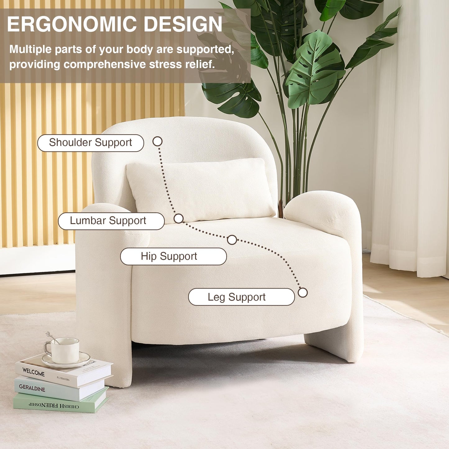 LOULENS Oversized Accent Chair, Modern Linen Fabric Lounge Armchair for Living Room, Upholstered Comfy Reading Single Sofa Chair for Bedroom, Waiting Room, Corner, Office, Beige