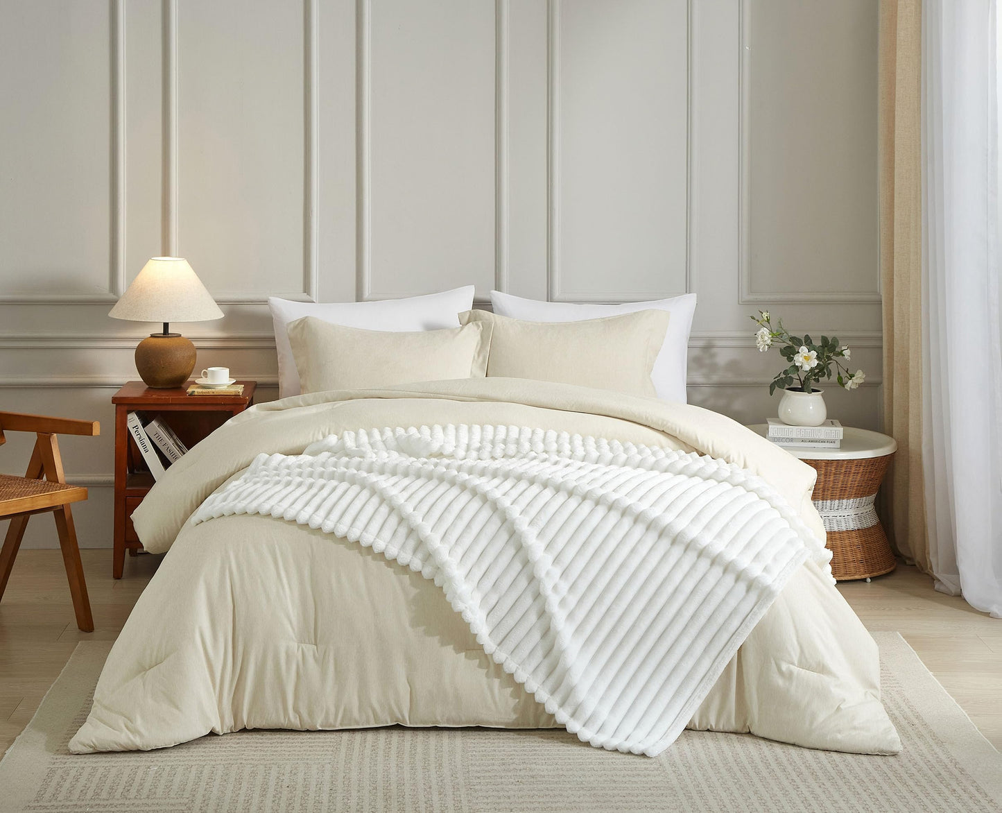 COZYXWORLD 380GSM Heavyweight Ribbed Textured Fleece Blanket, 50x60 Substantial Weight Warm Throw for Couch, Neutral Aesthetic White 50x60 Inches
