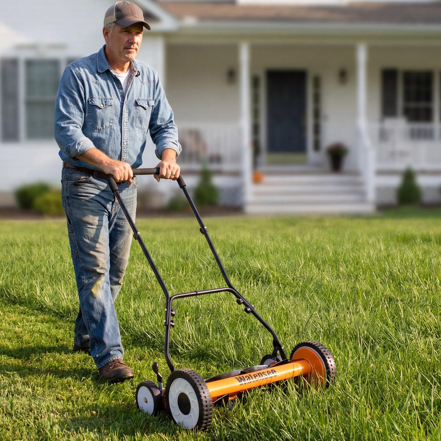 Walensee Push Reel Lawn Mower, 20-Inch 5-Blade Cordless Manual Reel Lawn Mower, Walk-Behind Steel Lawn Mower with 9-Position Cutting Height Adjustment & Sponge Grip