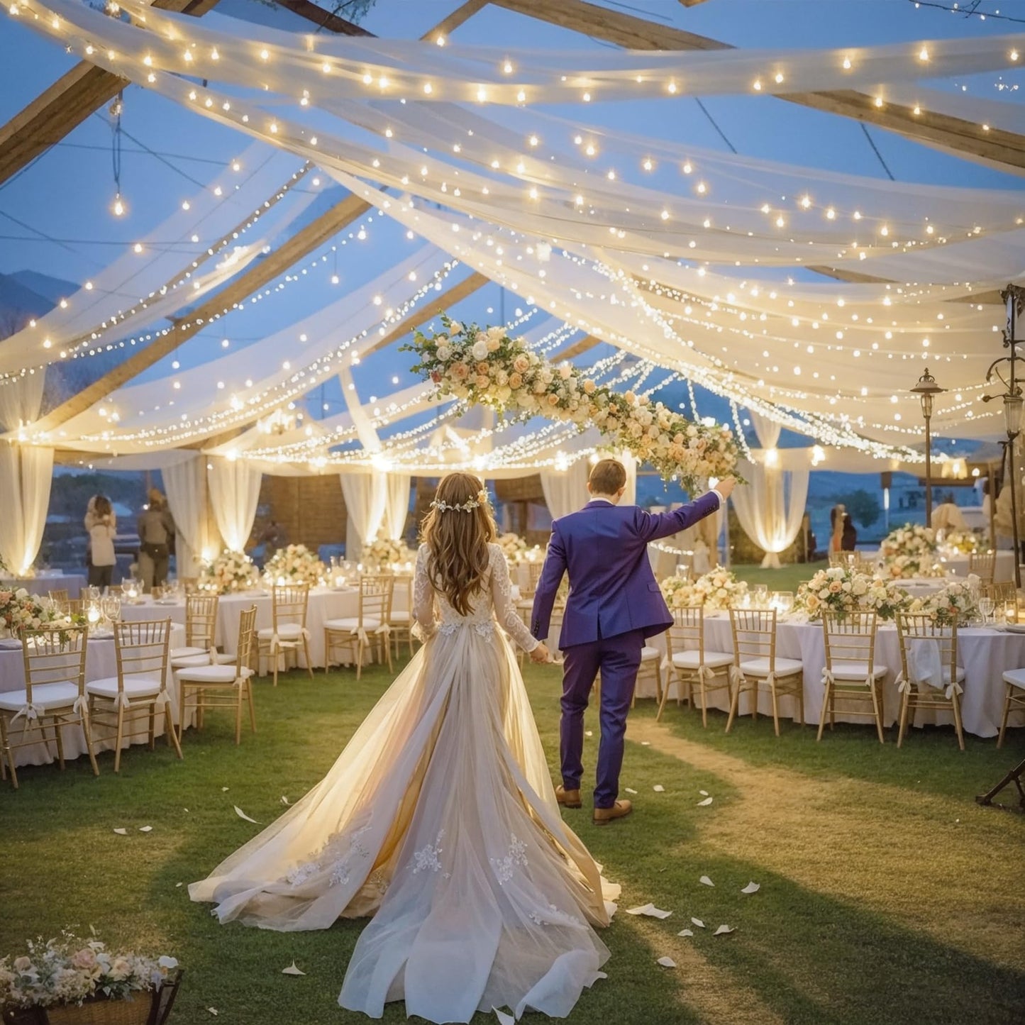 Ivory Ceiling Drapes with Lights - String Drapes for Wedding & Party Decorations - 5ftx10ft Sheer Tulle Curtains