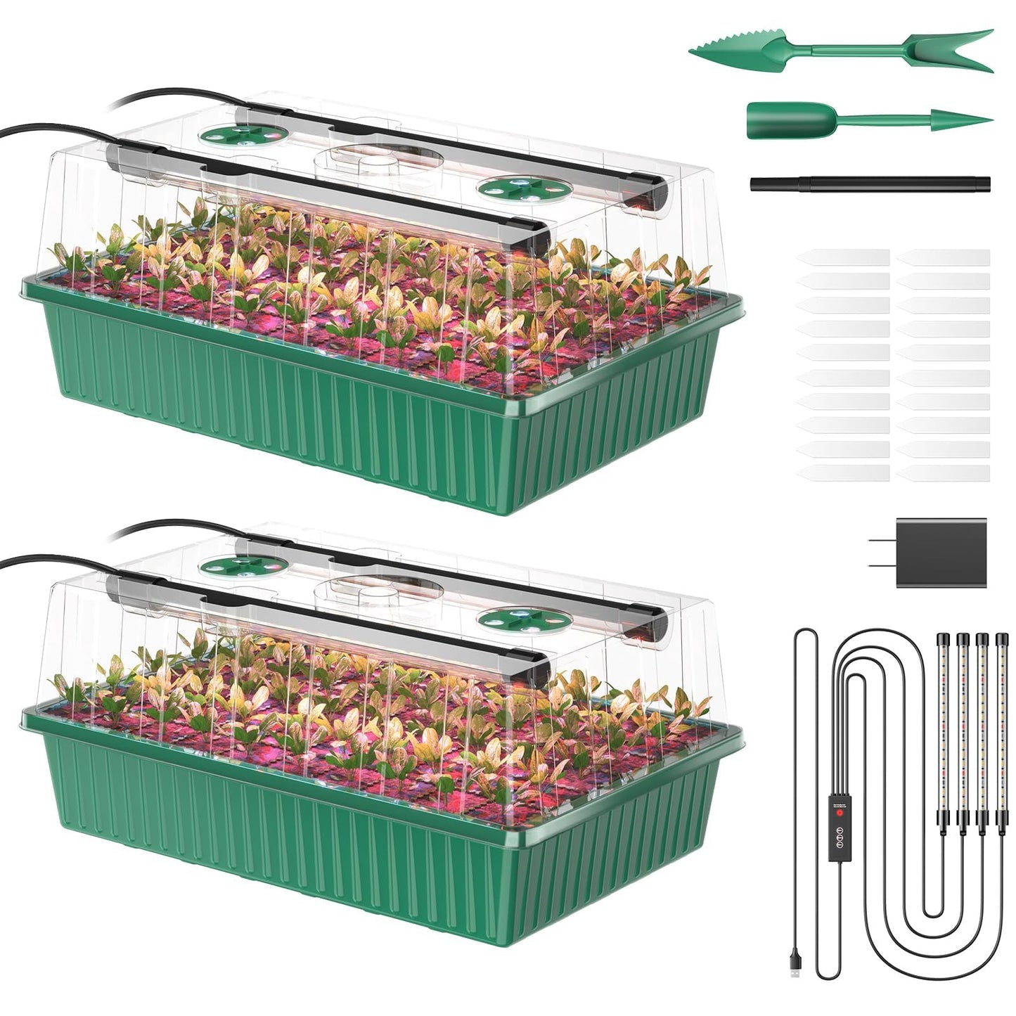 Guioiby Seed Starter Tray, 120-Cells Seed Starter Kit with Grow Light, 2 Pack Reusable Seeding Starter Trays with Air Vent Humidity Domes for Greenhouse Gardening Indoor Planting Growing (Green Base)