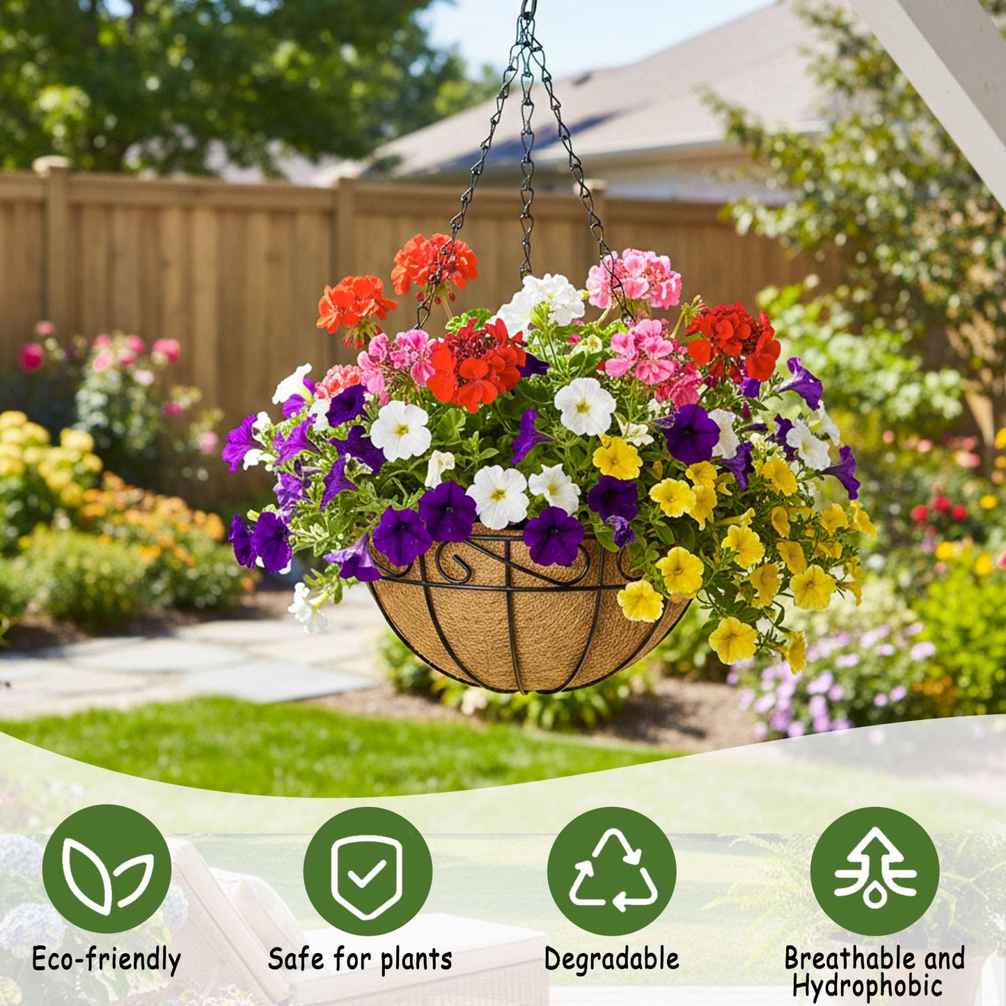 SMYAXUNW 14 Inch Hanging Planters (4 Pack) - Round Metal Baskets with Cocoa Liners for Indoor/Outdoor Gardens, Porch & Patio Decor（HB）