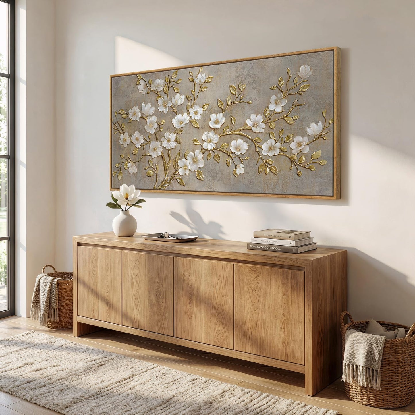 Large Framed Neutral Botanical Wall Art for Living Room, Rustic Elegant Magnolia Floral Canvas Prints Paintings, White Flower with Gold Branches Pictures for Dining Room Office Wall Decor, 60x30 Inch