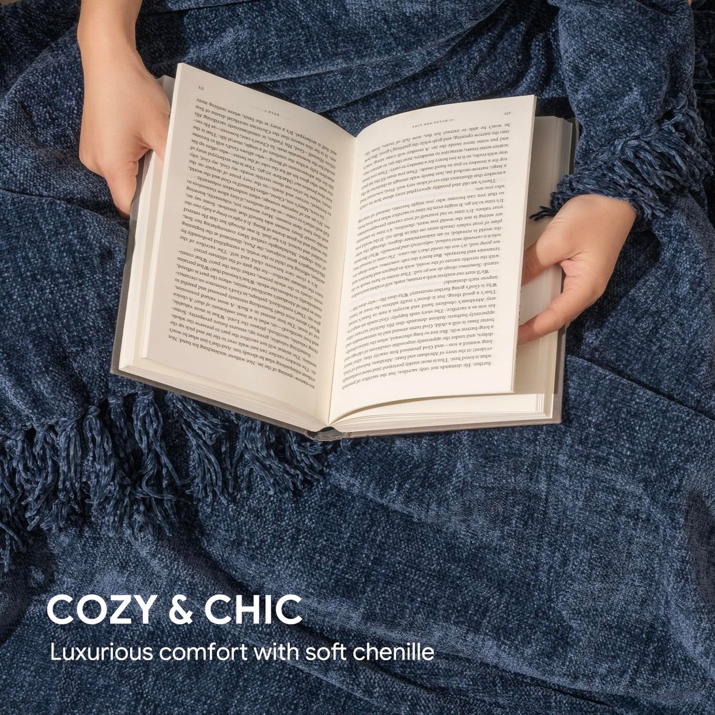 RECYCO Throw Blanket Soft Cozy Chenille Throw Blanket with Fringe Tassel for Couch Sofa Chair Bed Living Room Gift (Blue, 50'' x 60'')
