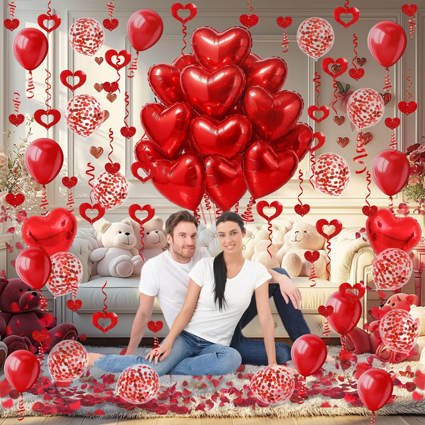 Heart-Shaped Aluminum Foil Balloon,Red Latex balloons,Confetti Balloon,Fake Petals and Hanging Streamer for Valentines Wedding Bridal Shower Anniversary Engagement Party Supplies Decorations