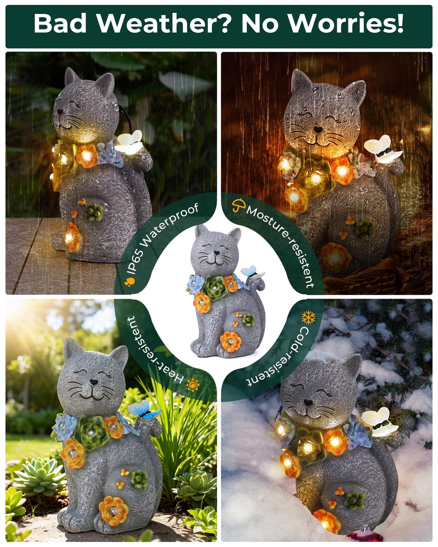 Vuees Solar Garden Statues Outdoor Decor, 6 LED Cat Flowers Butterfly Figurine Lights, Waterproof for Balcony Patio Porch Lawn Yard Ornament Art - Gift Ideas for Housewarming Gardening Grandma Women